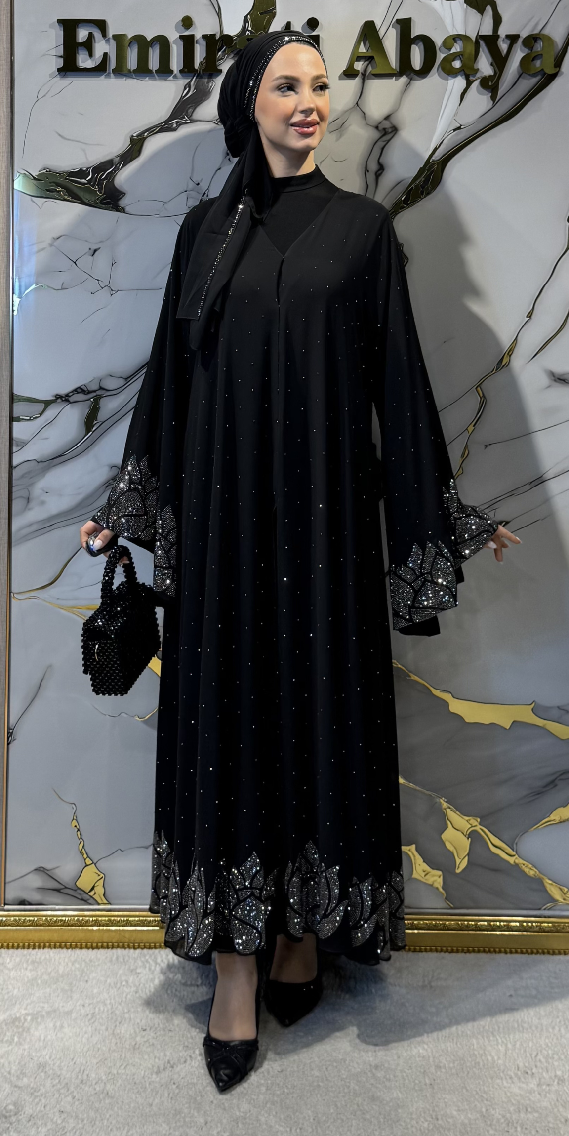Lotus Detaylı Siyah Taşlı Abaya TM025 HSB - Zarif – Emirati Abaya TR