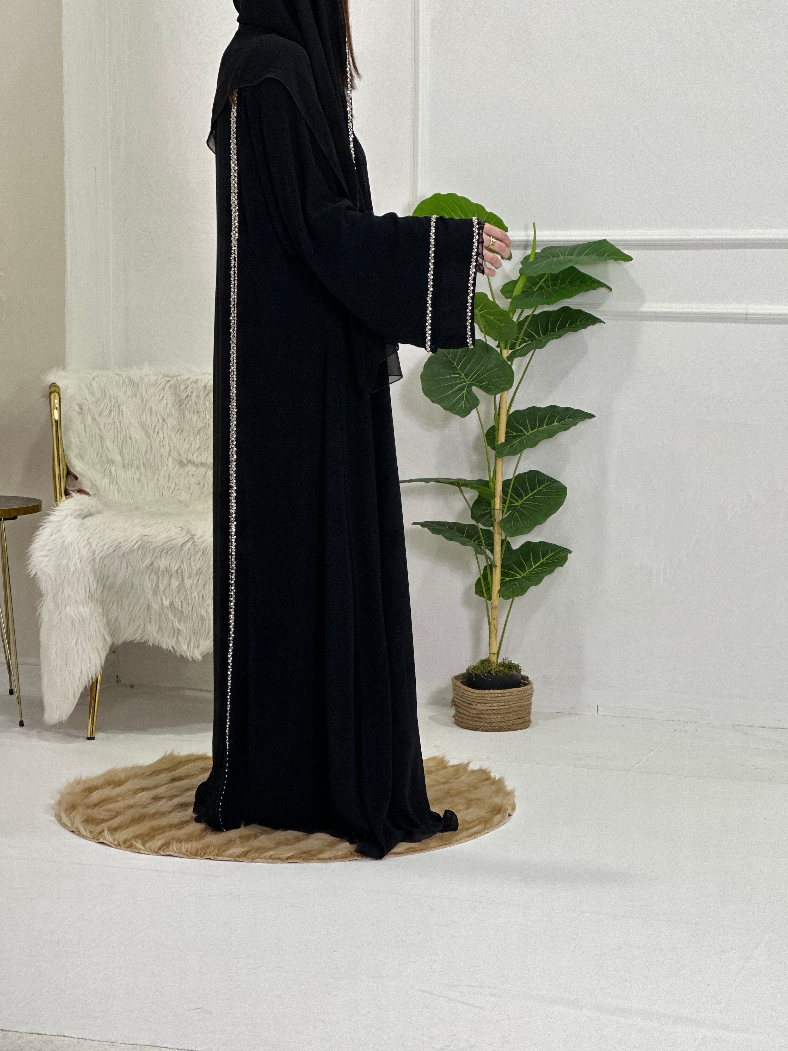 Midnight Majesty Abaya with White Stone Embellishments