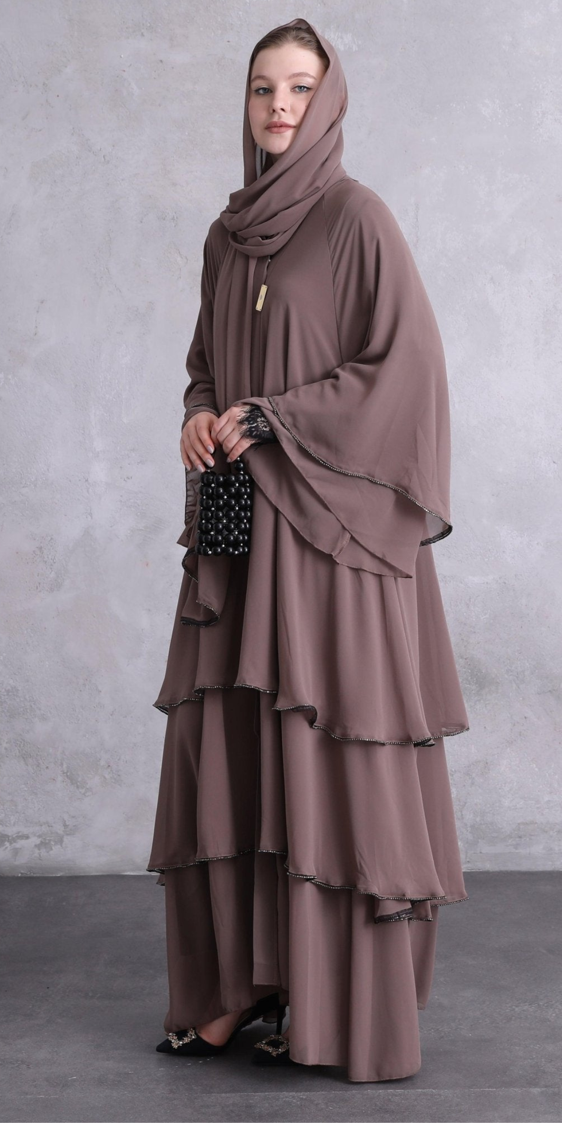 Three Layered Swarovski Stone Mink Abaya