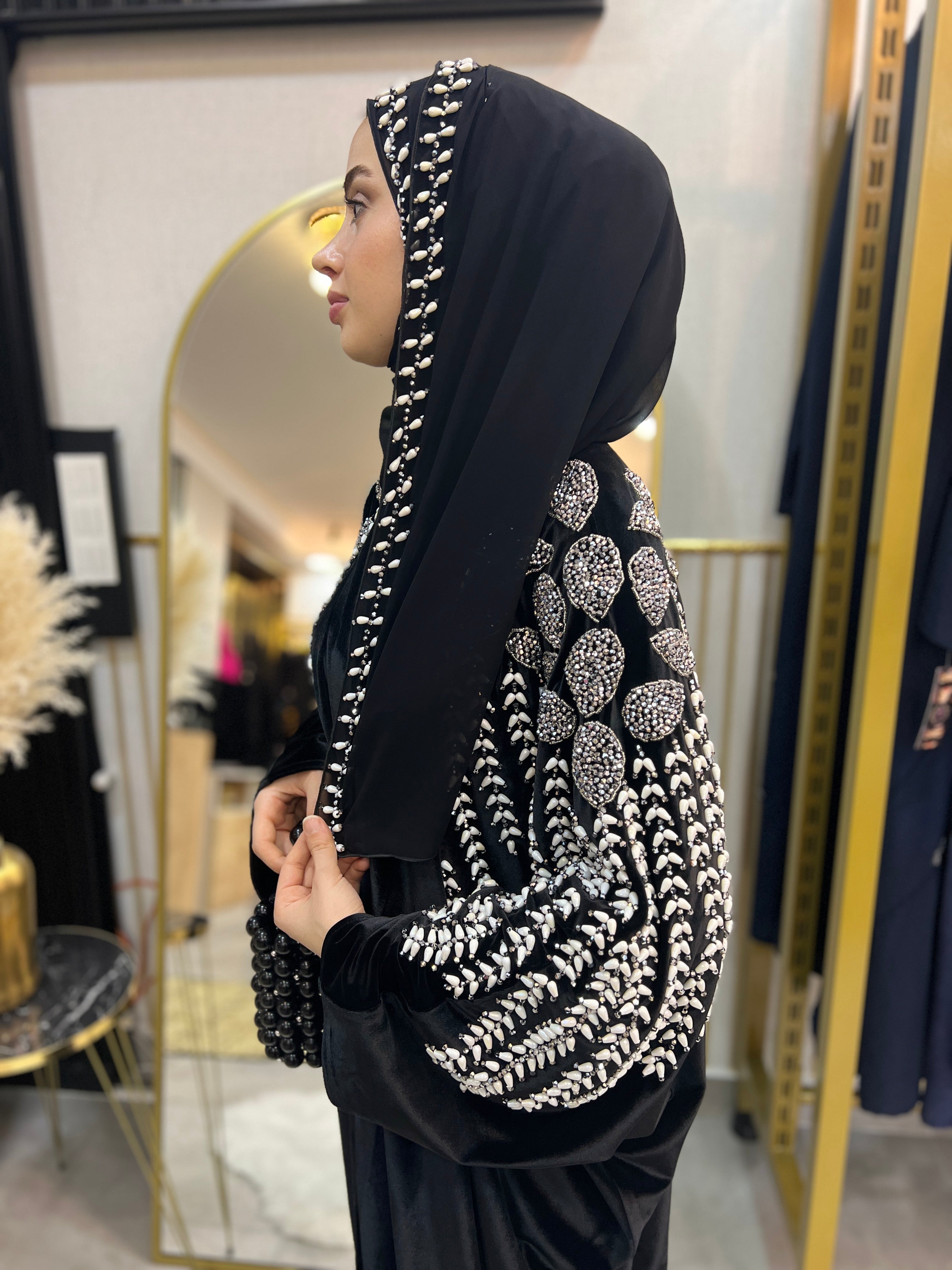 Black Velvet Butterfly Shoulder Stone Abaya - Handmade Luxury