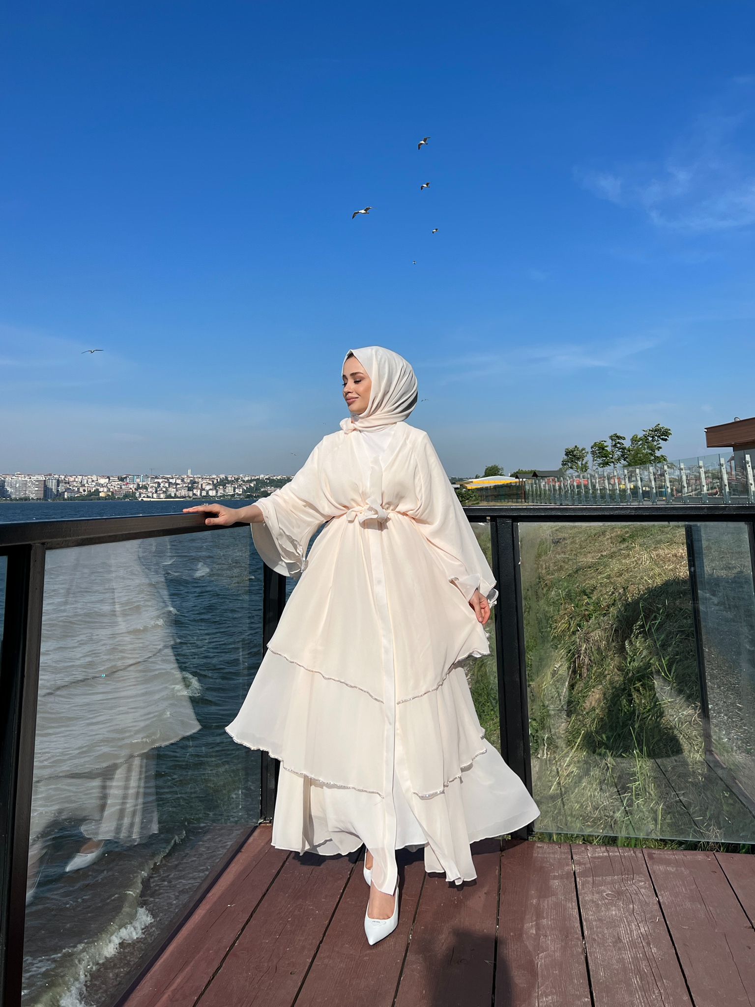 Three Layered Swarovski Stone Cream Abaya