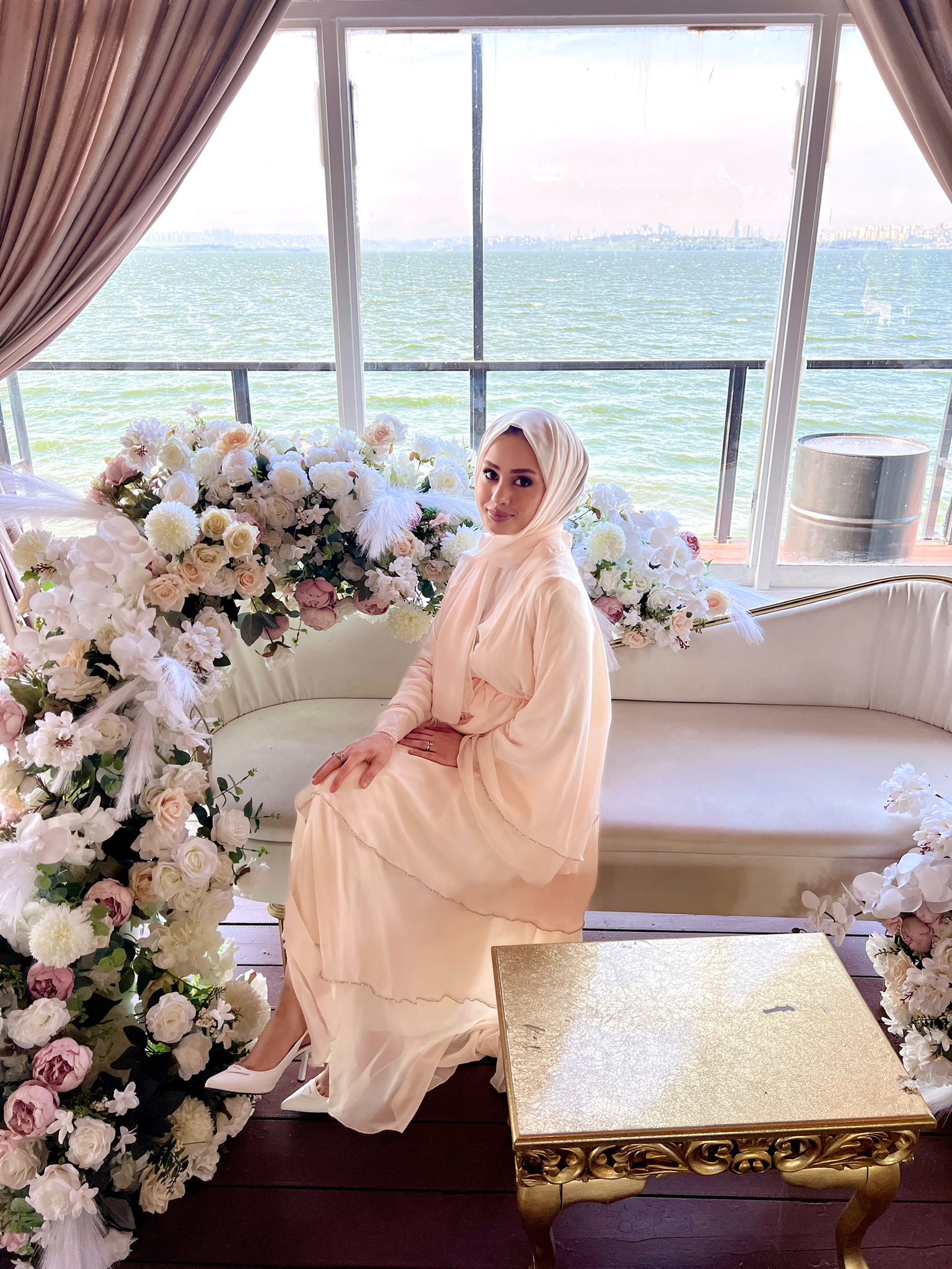 Three Layered Swarovski Stone Cream Abaya