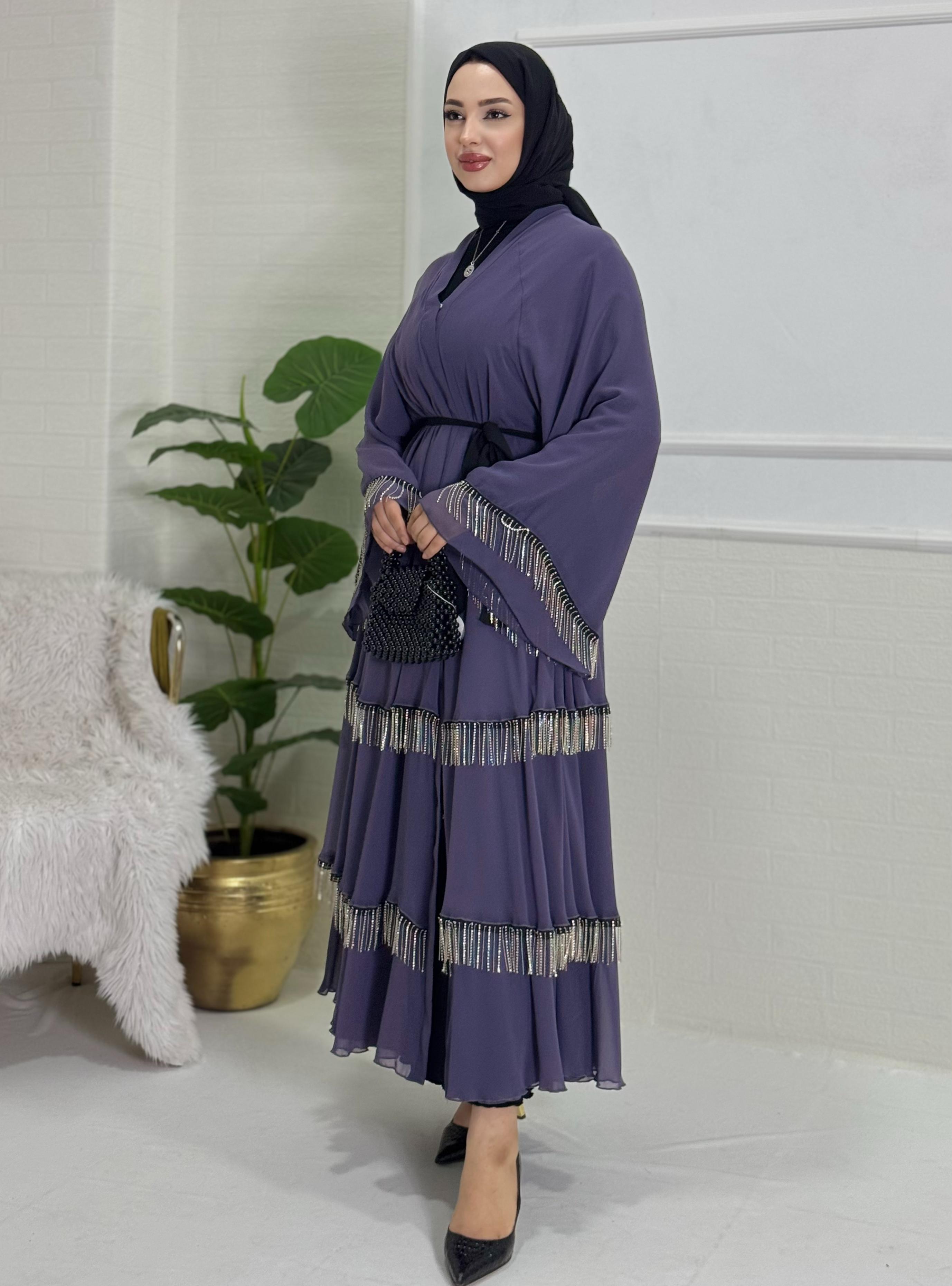 Etek Uçları Kristal Püsküllü Üç Katlı Abaya