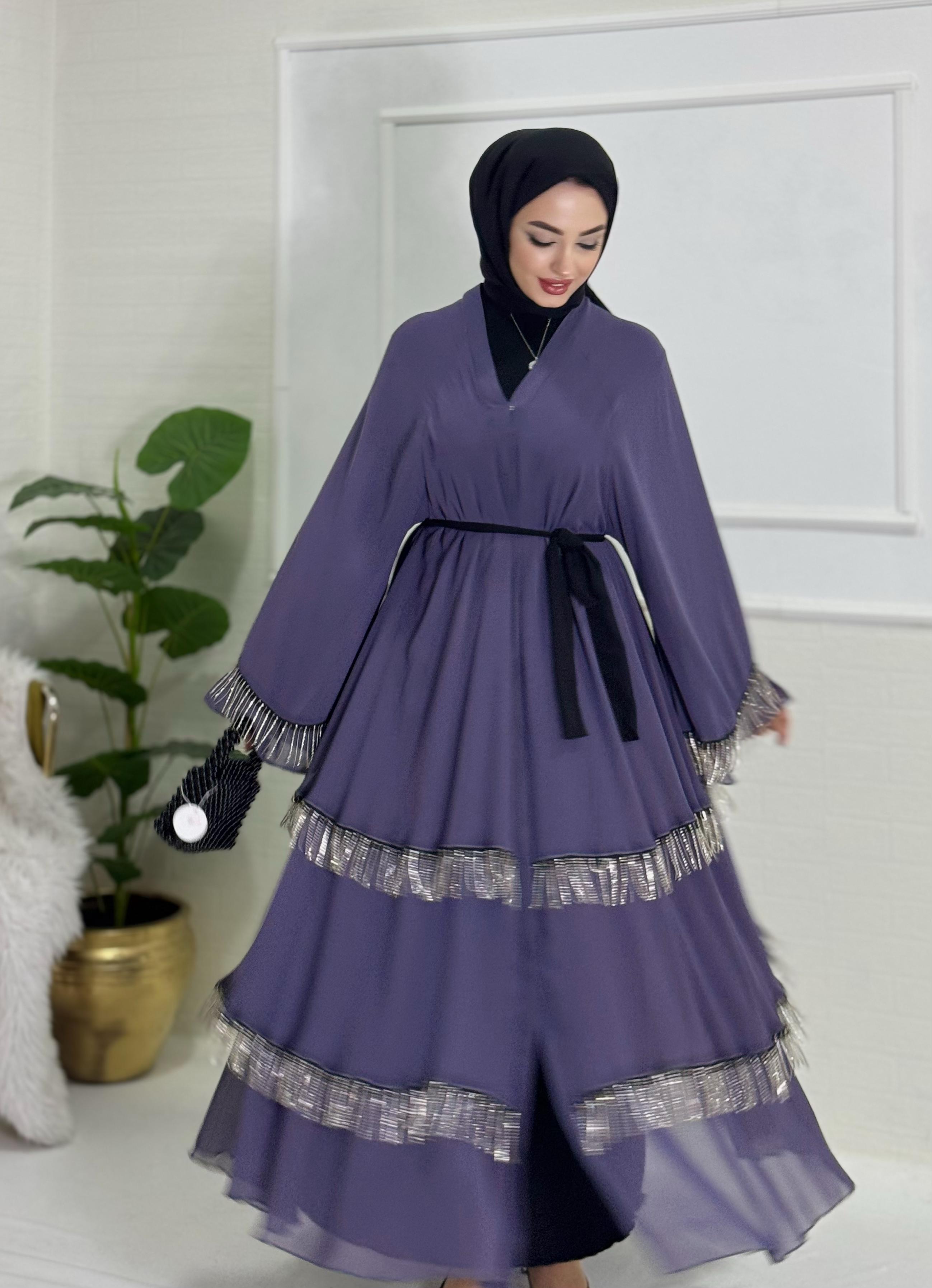 Etek Uçları Kristal Püsküllü Üç Katlı Abaya