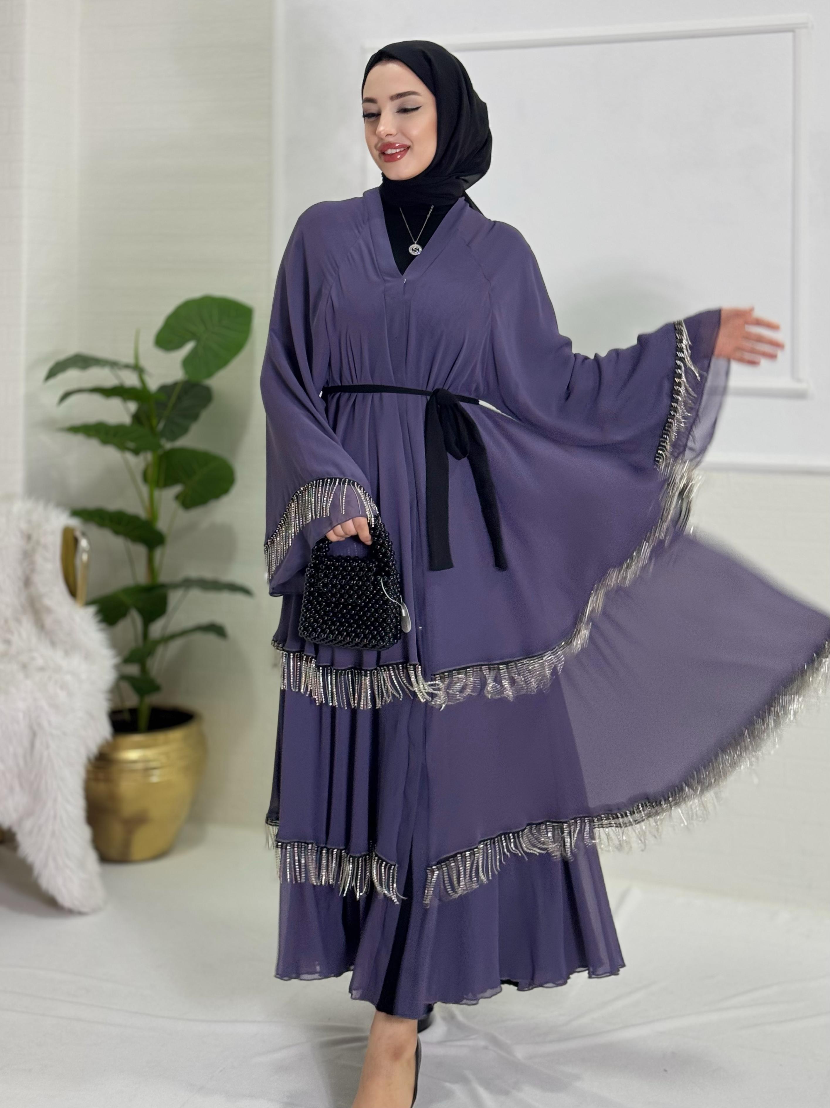 Etek Uçları Kristal Püsküllü Üç Katlı Abaya