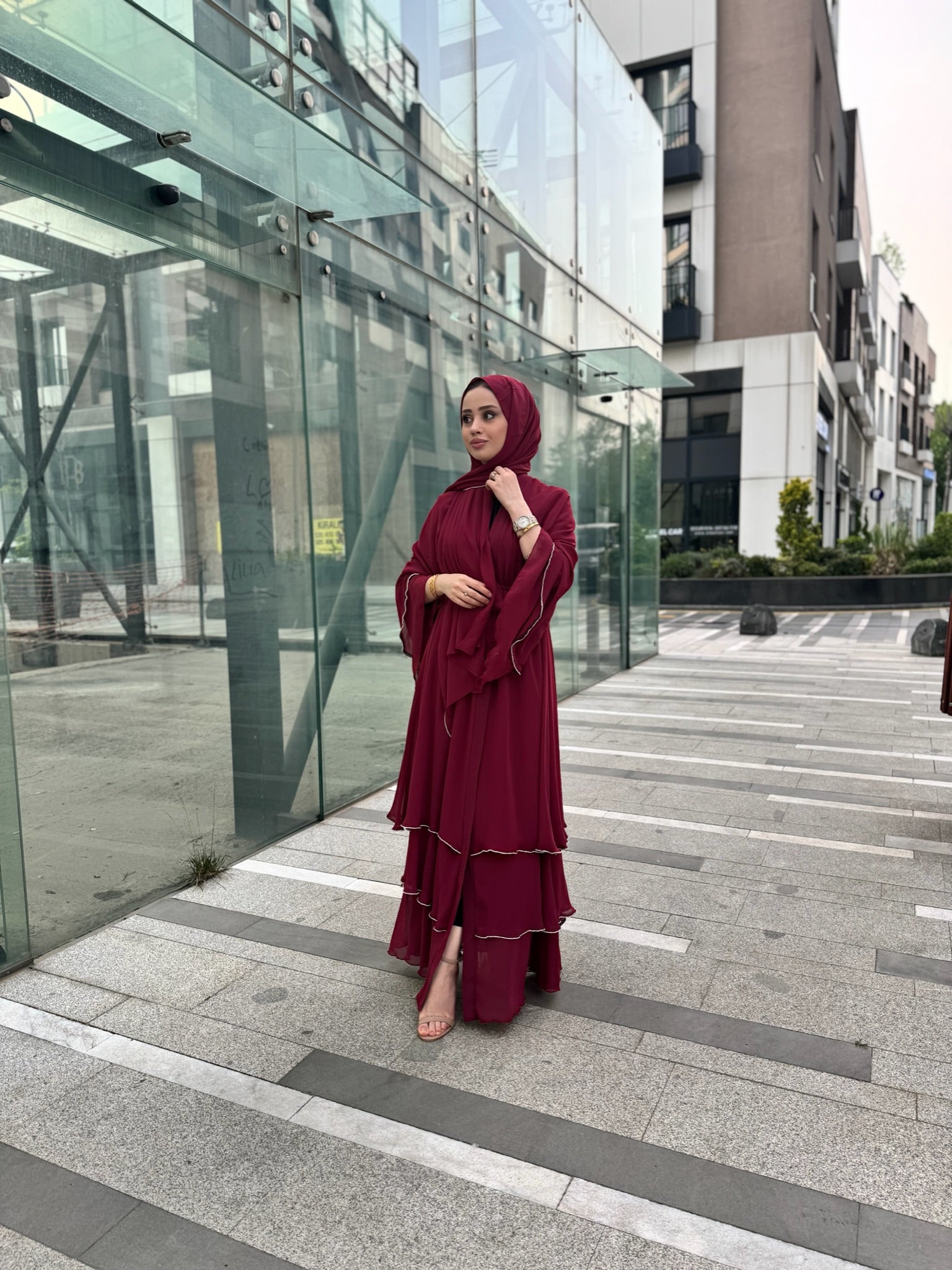 3 layers maroon abaya