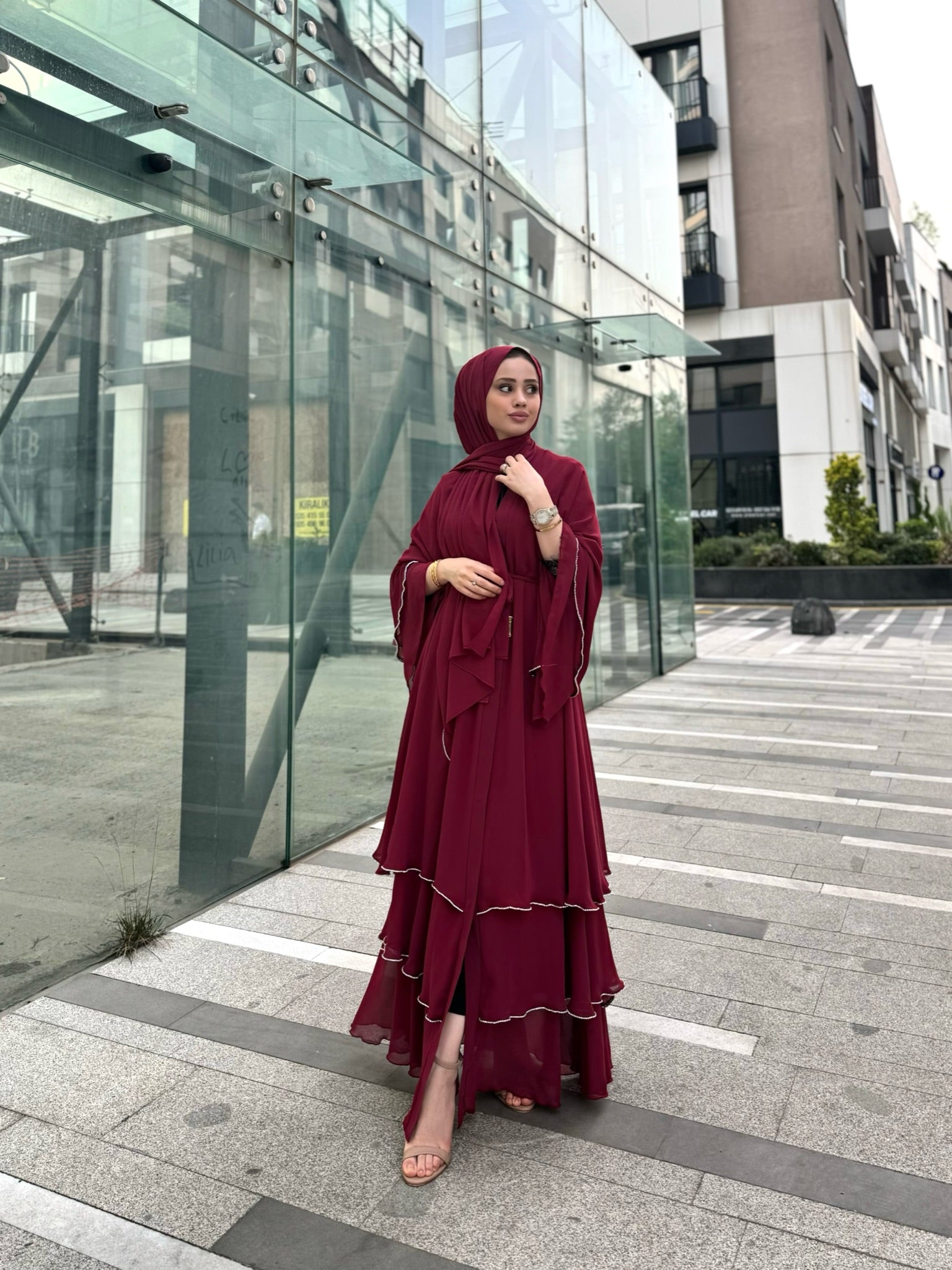 3 layers maroon abaya