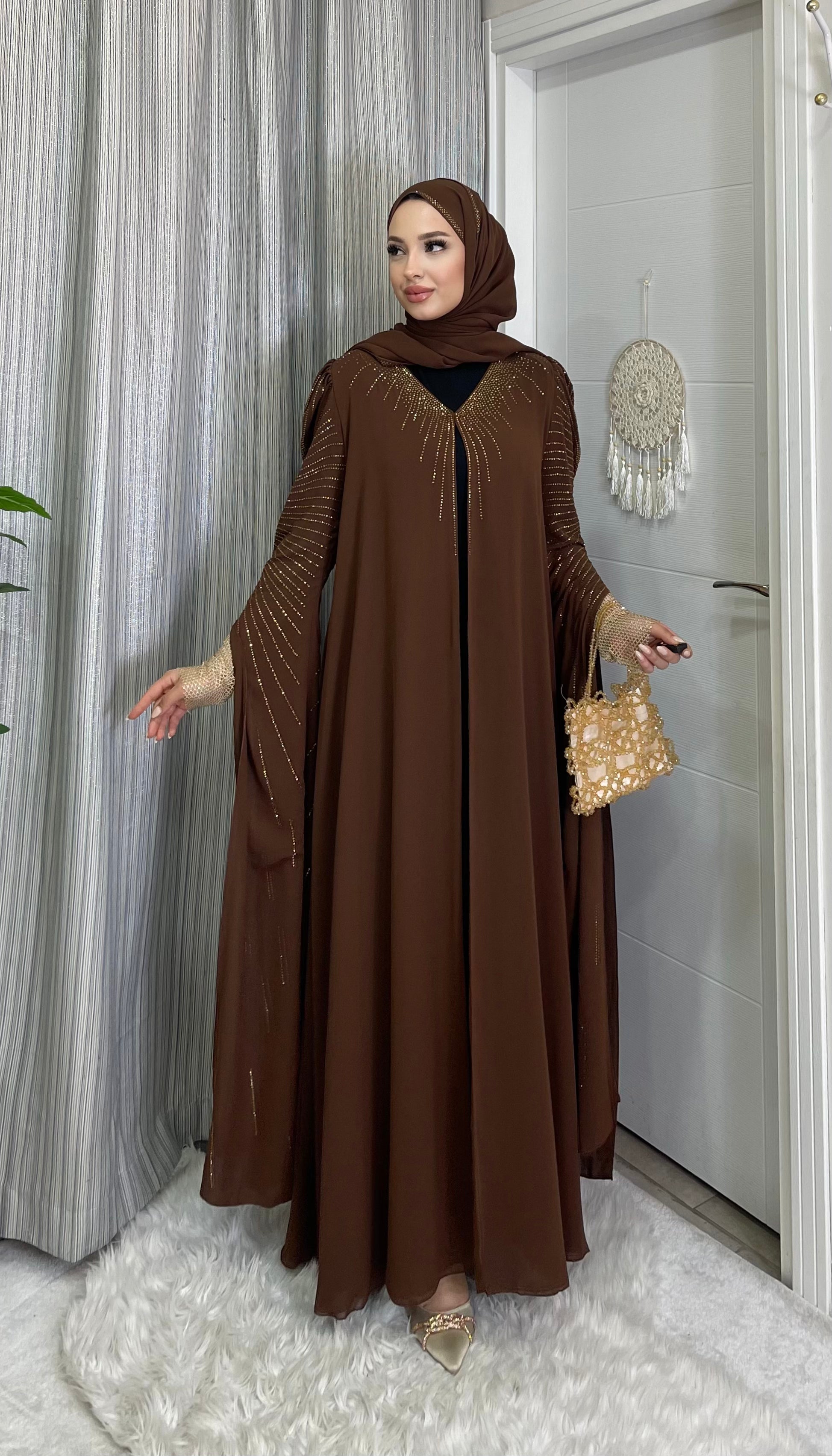 Gold Taşlı Kahve şifon Abiye
