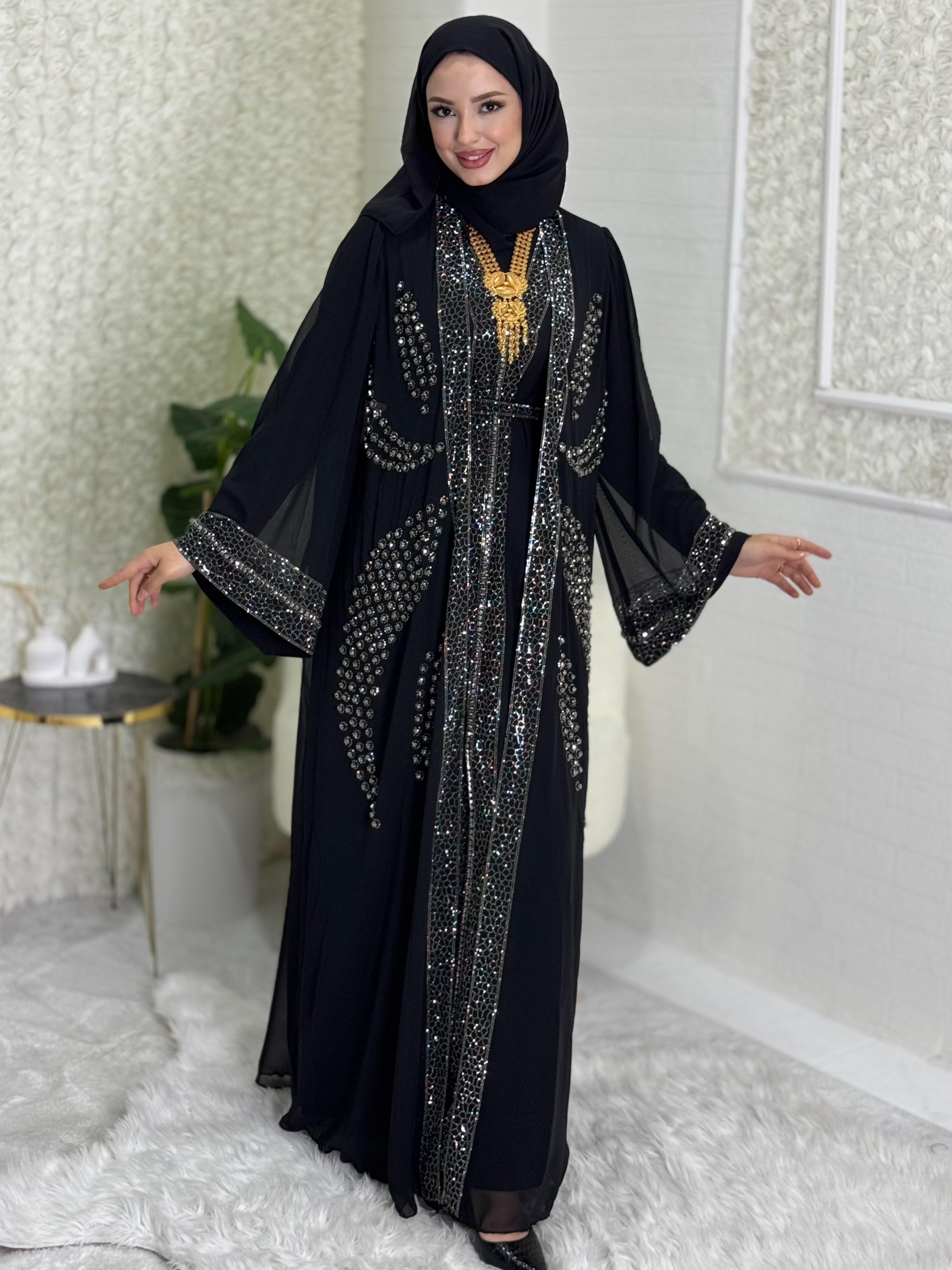 Open Front Crystal Stone Local Abaya