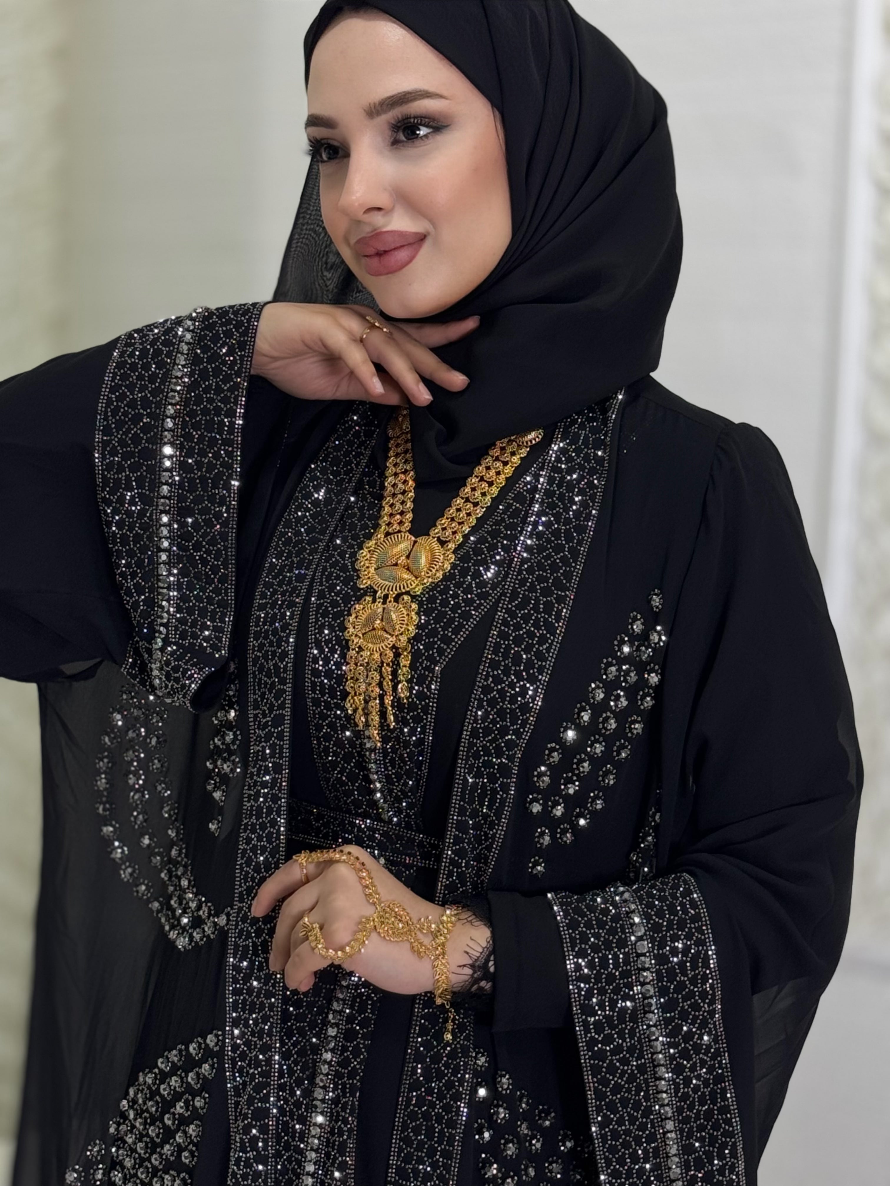 Open Front Crystal Stone Local Abaya