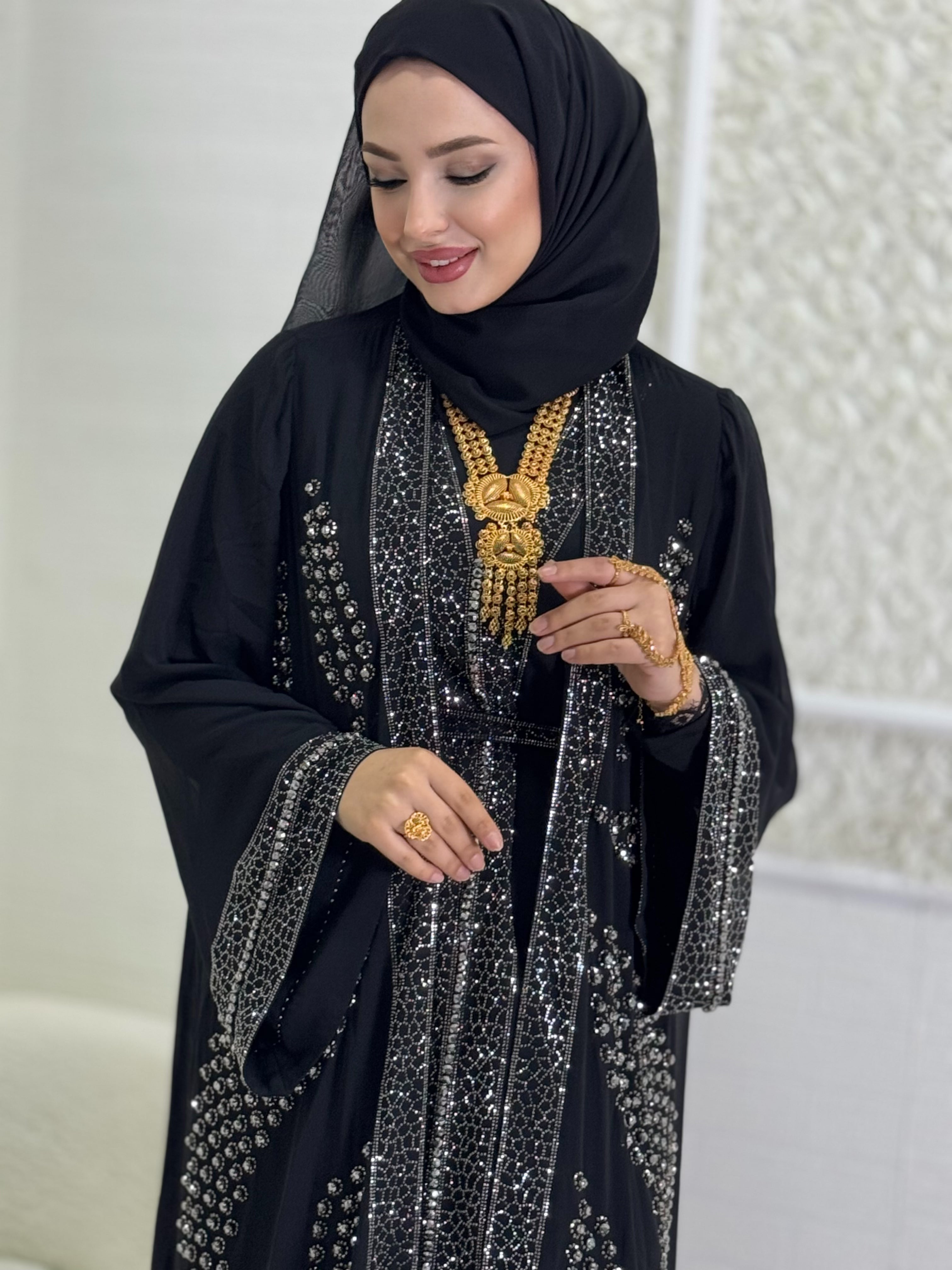 Open Front Crystal Stone Local Abaya