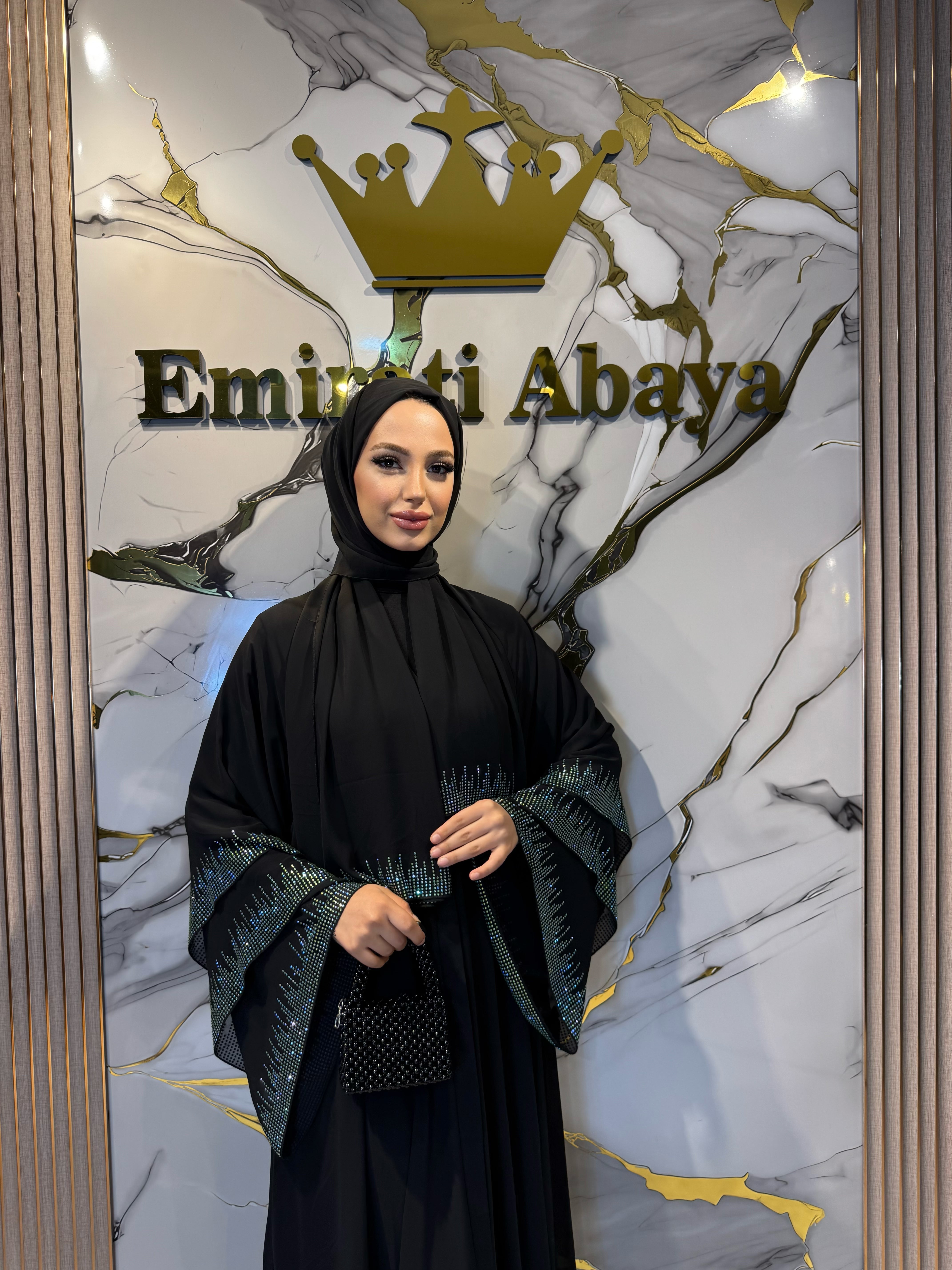 3 Katlı Şifon Yeşil Taşlı Abaya