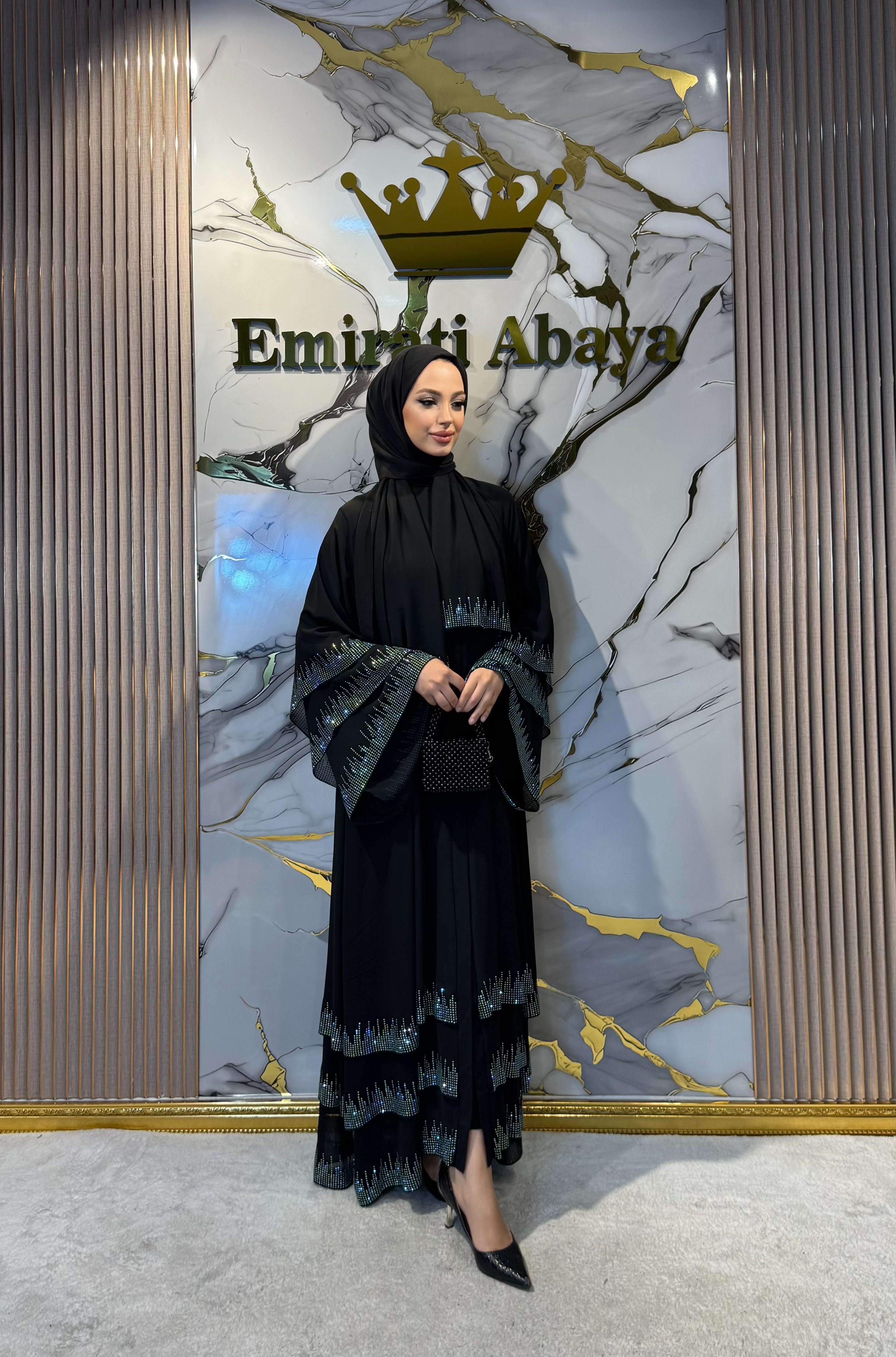 3 Katlı Şifon Yeşil Taşlı Abaya