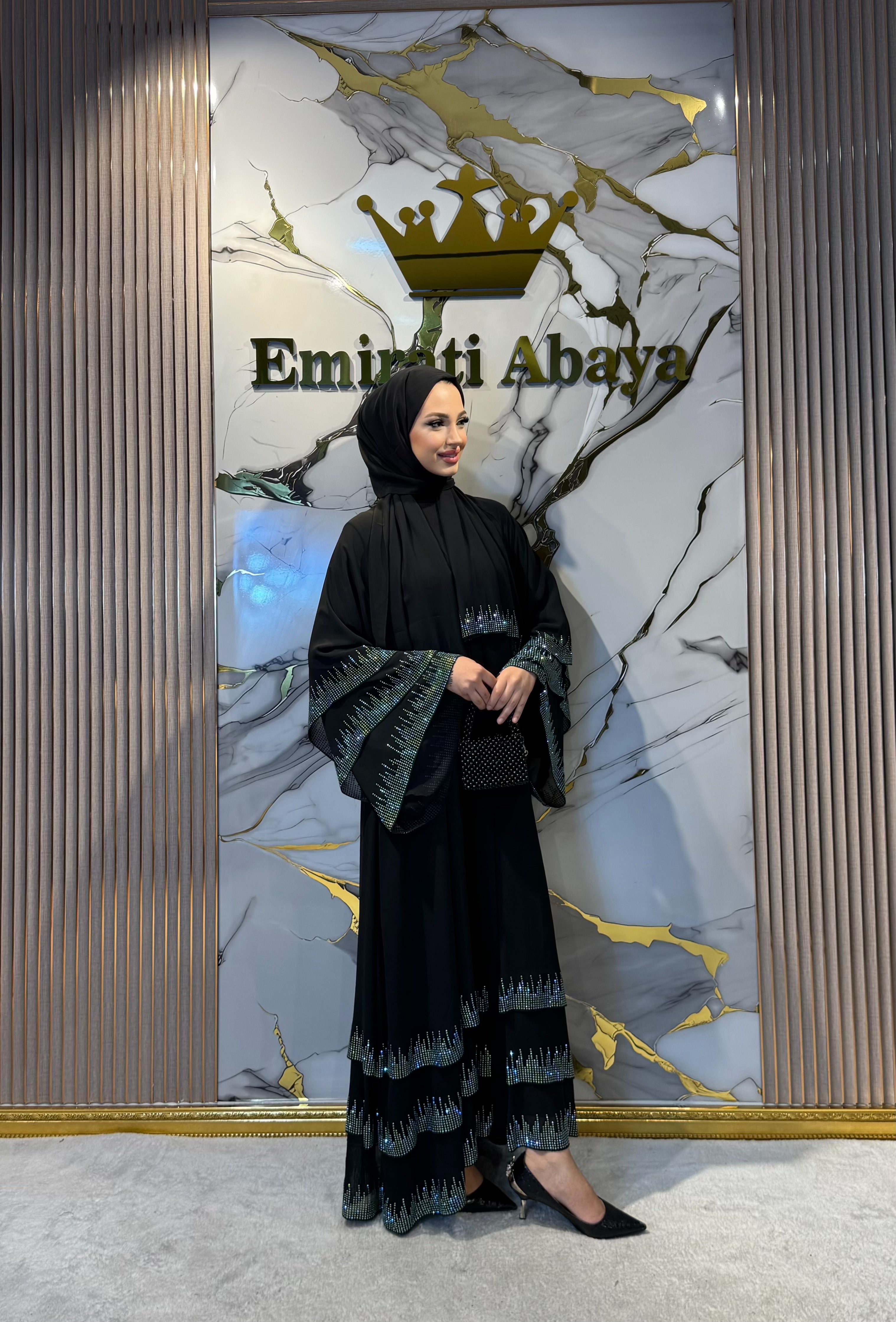 3 Katlı Şifon Yeşil Taşlı Abaya