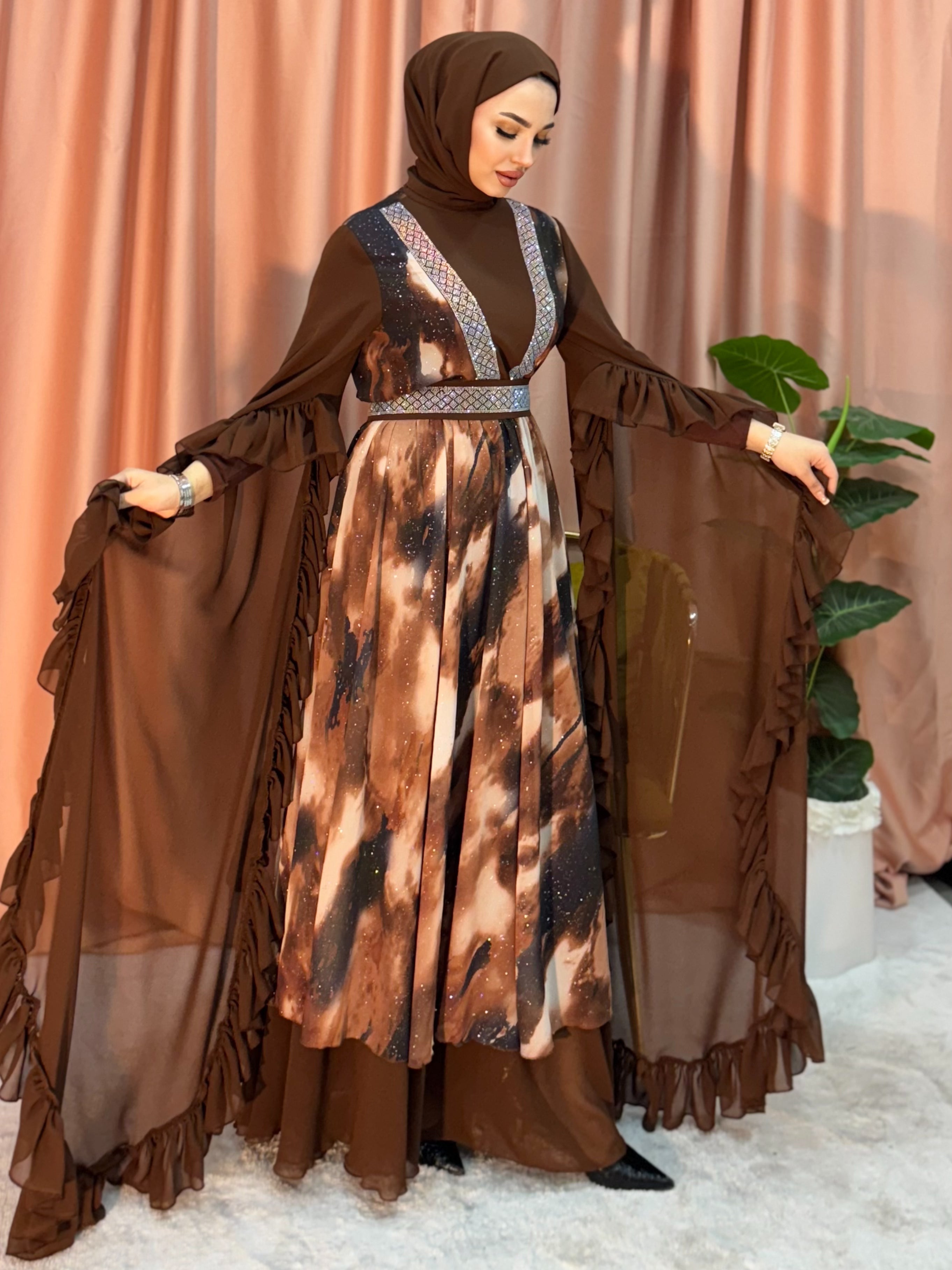 Lüks Kahverengi Galaksi Desenli Abaya