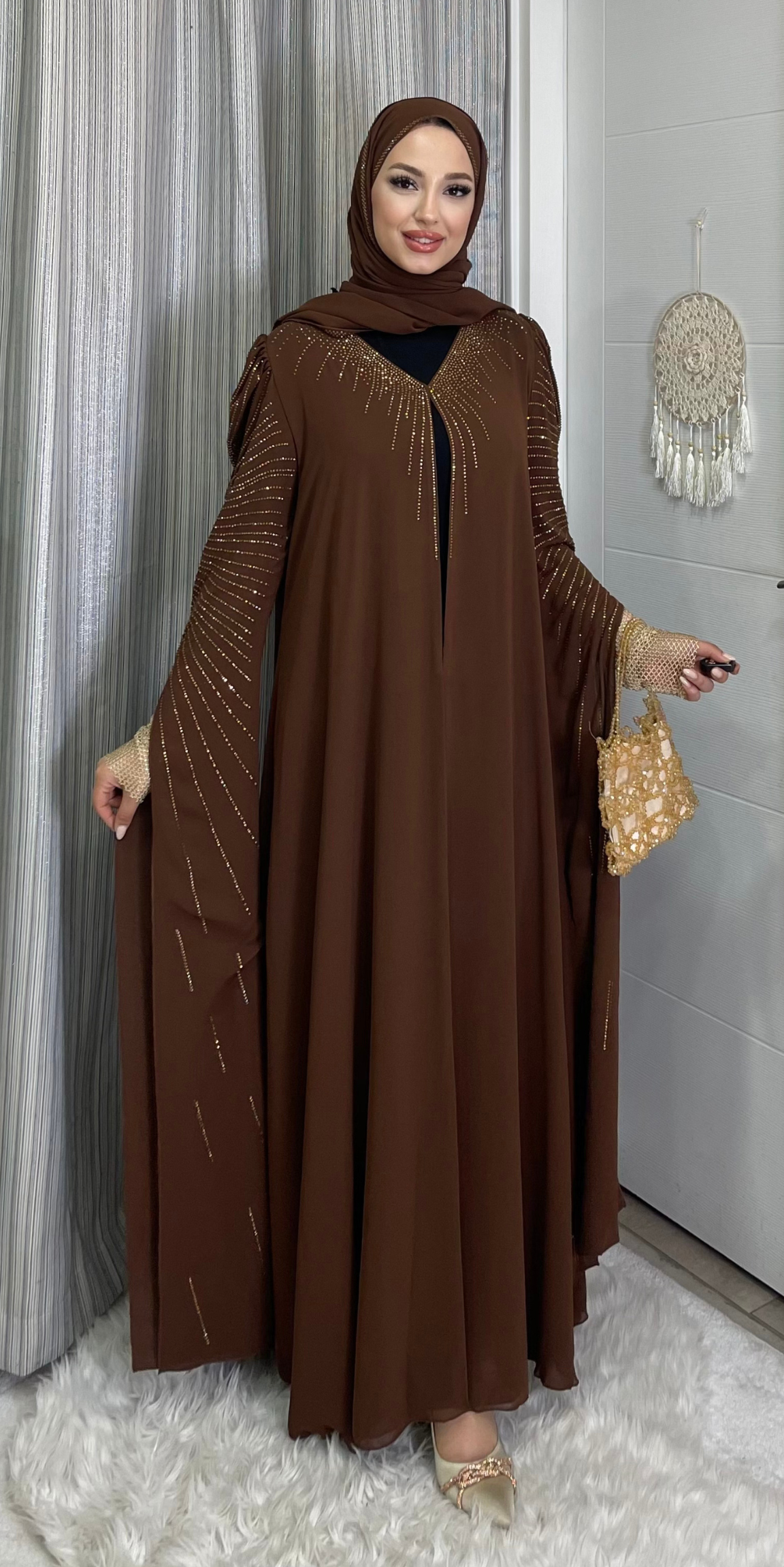 Gold Taşlı Kahve şifon Abiye
