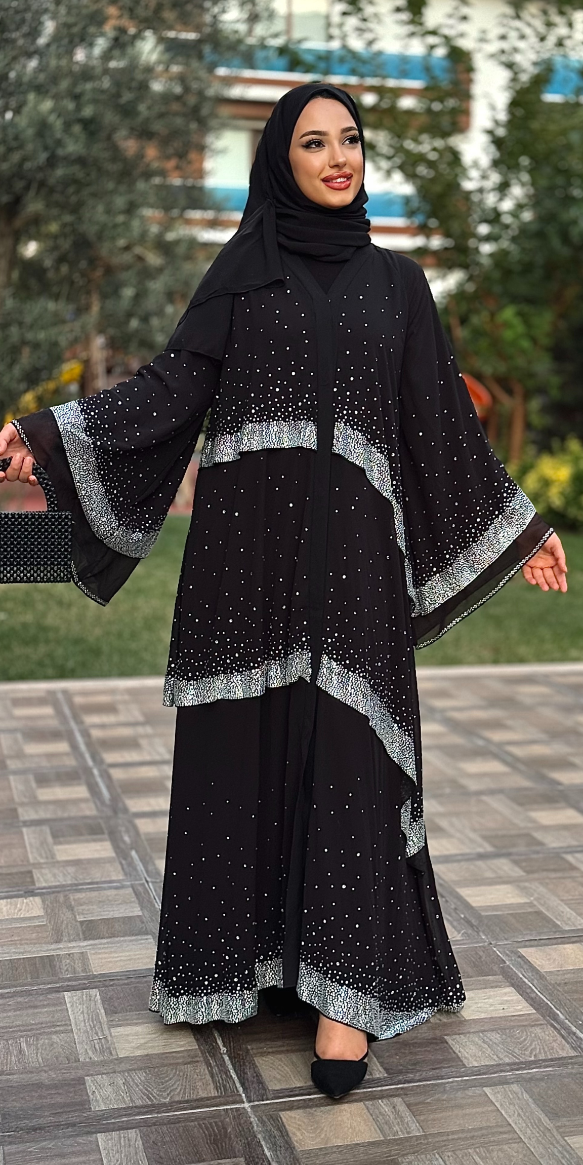Swarovski Stone Layered Black Chic Abaya