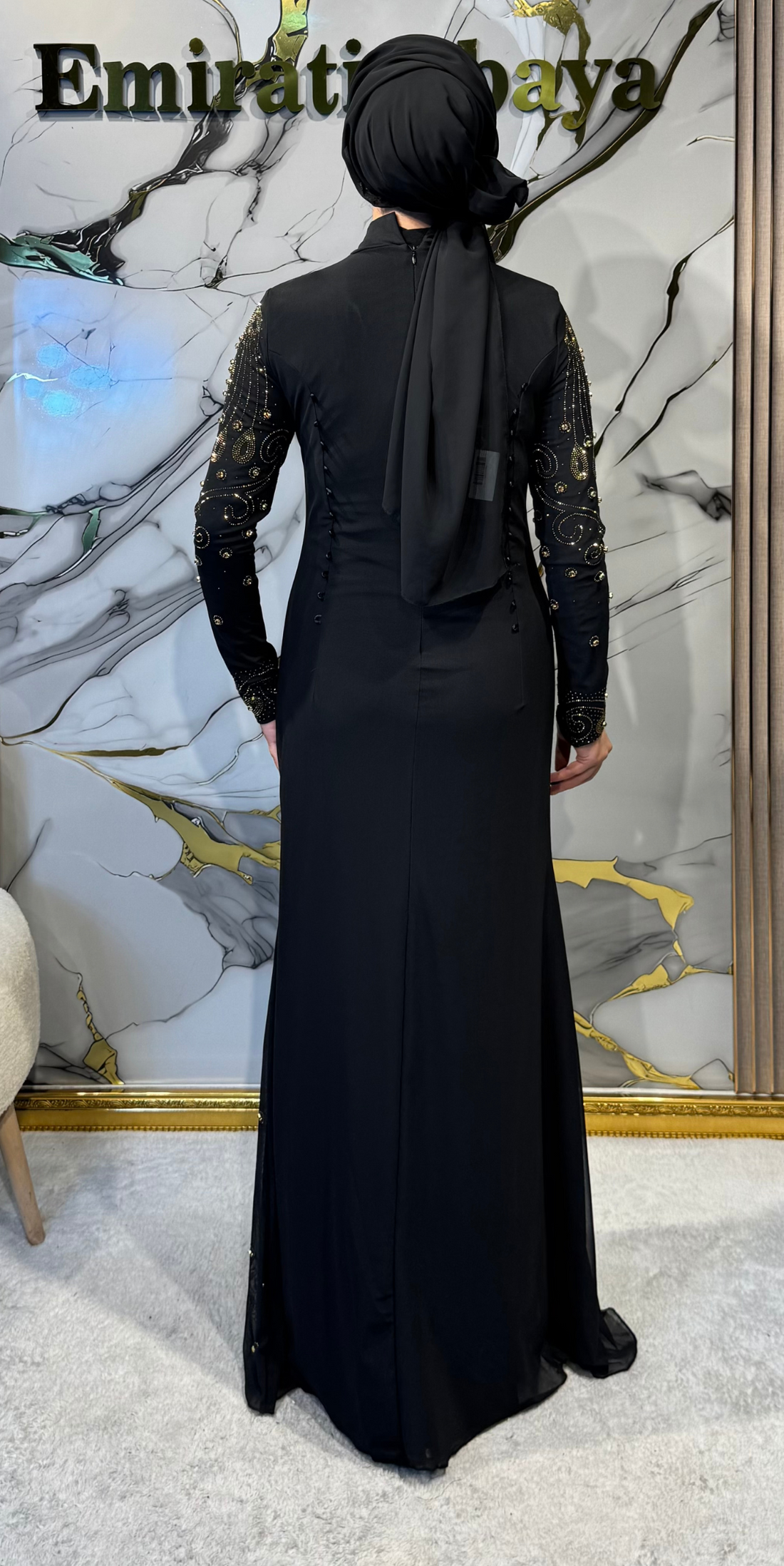 Gold Taşlı Spiral Işıltılı Tül Abaya