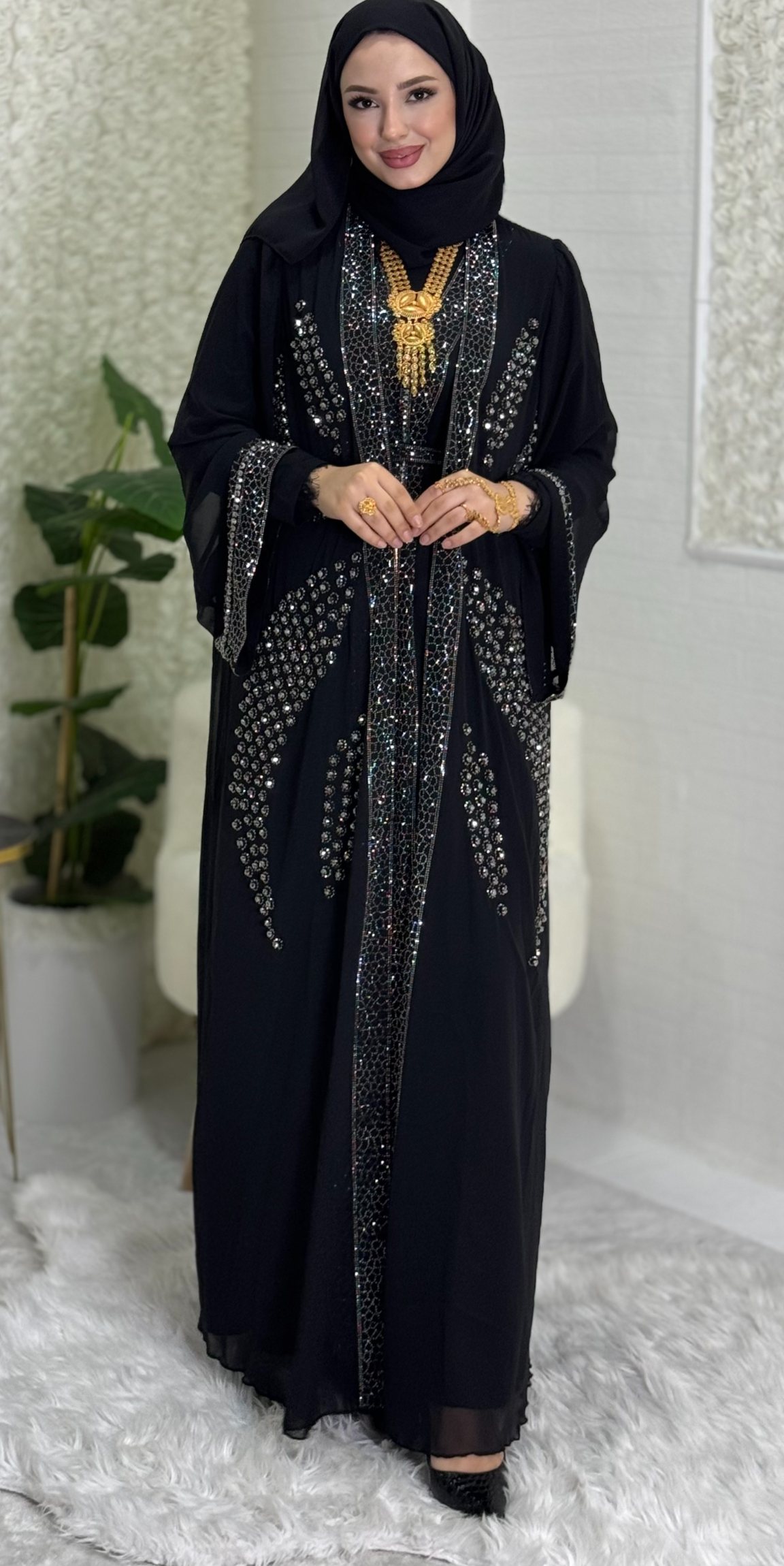 Open Front Crystal Stone Local Abaya