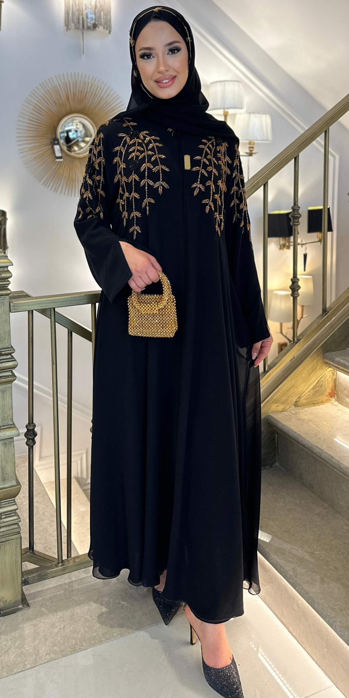 Omuzlar El lemeli Gold Tal Siyah Abaya M14 HM B  Emirati Abaya TR