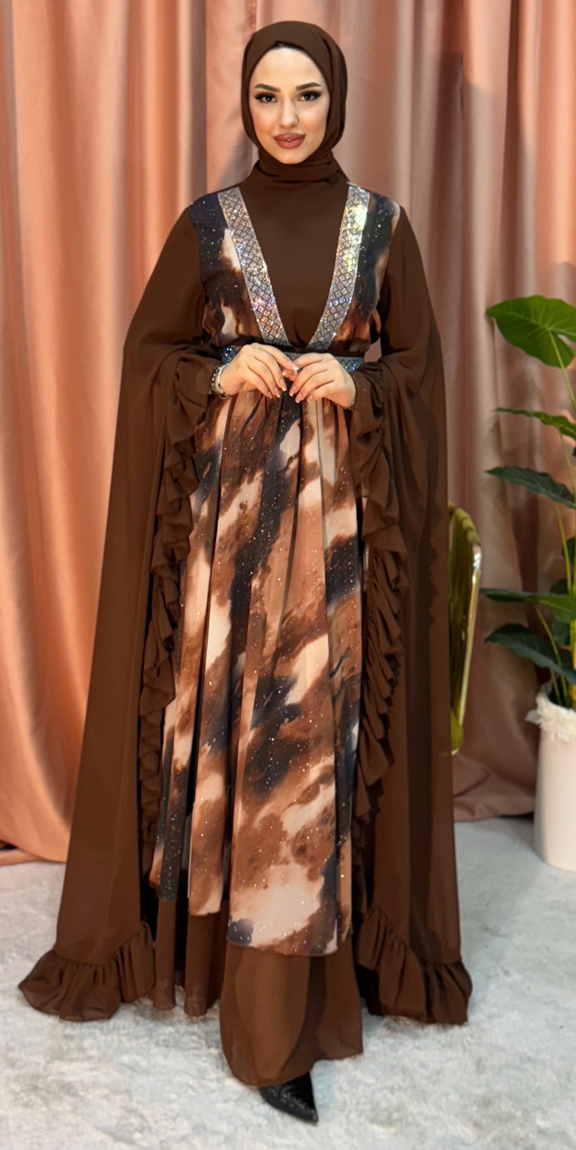 Lüks Kahverengi Galaksi Desenli Abaya