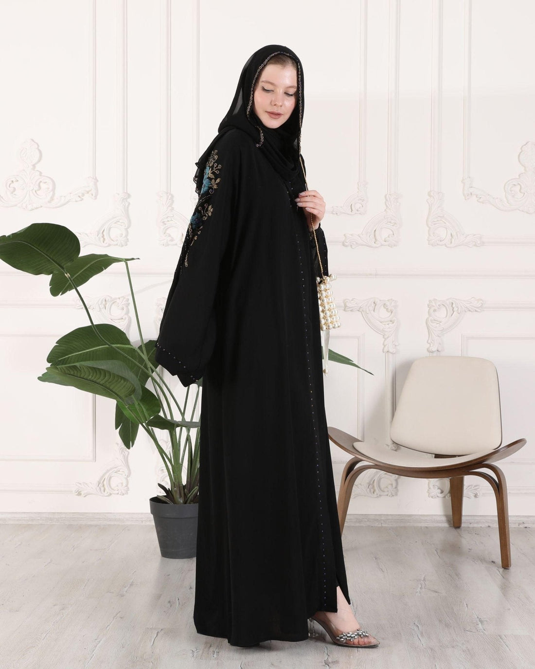 Midnight Serenity: Black and Blue Simplicity with Stunning Stones nhi - Emirati Abaya TRMidnight Serenity: Black and Blue Simplicity with Stunning Stones nhi