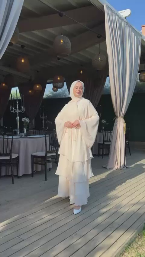 Three Layered Swarovski Stone Cream Abaya