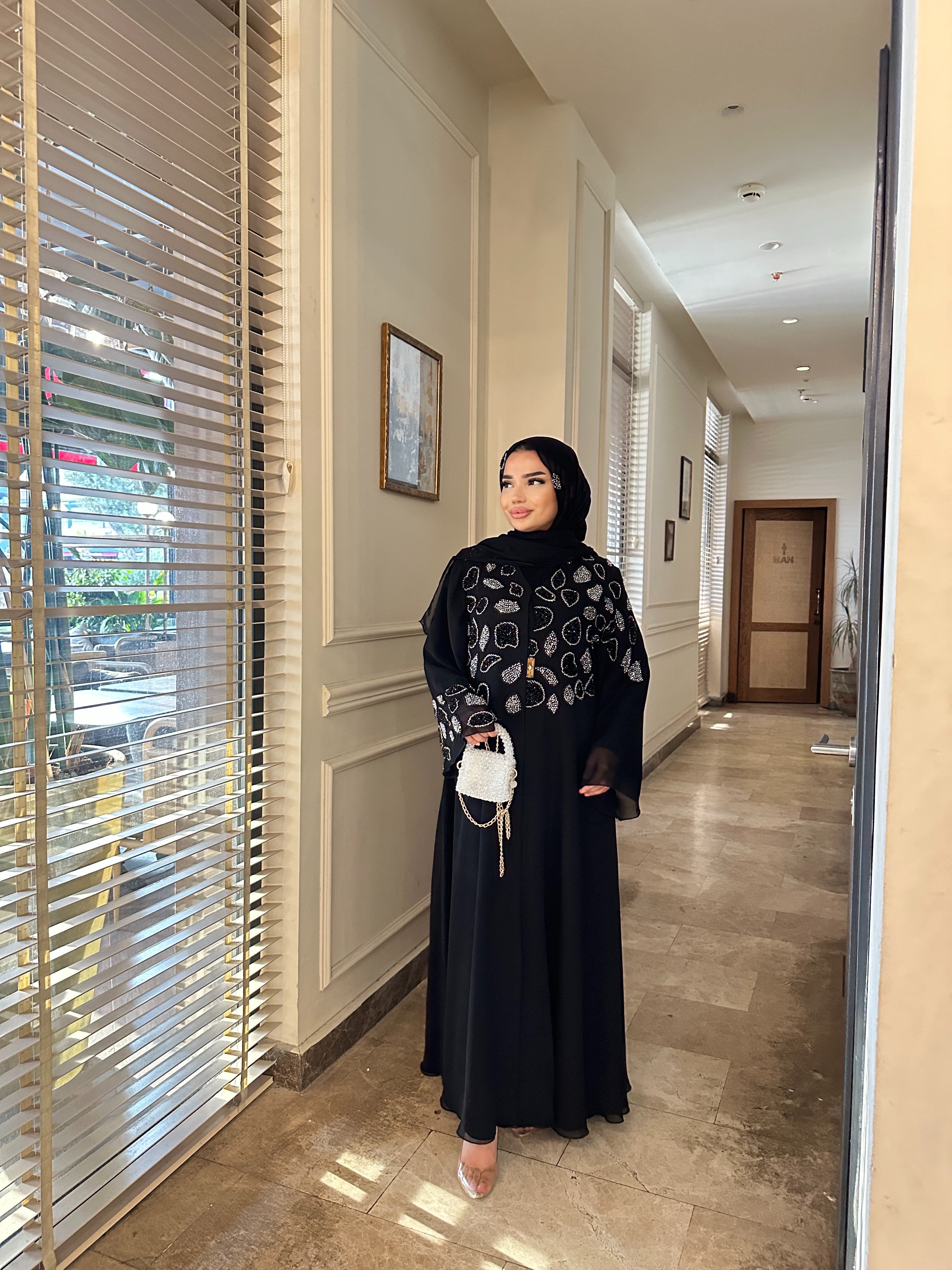 Dubai Style Black Abaya with Hand Embroidered Beads on Shoulders