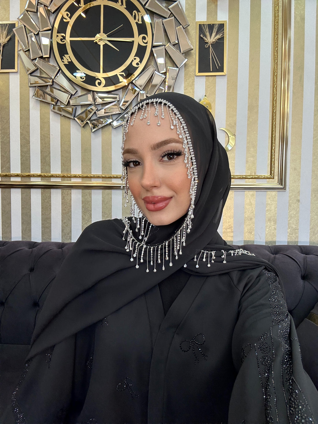 Zincir Taş Sallantılı Şifon Siyah Şal