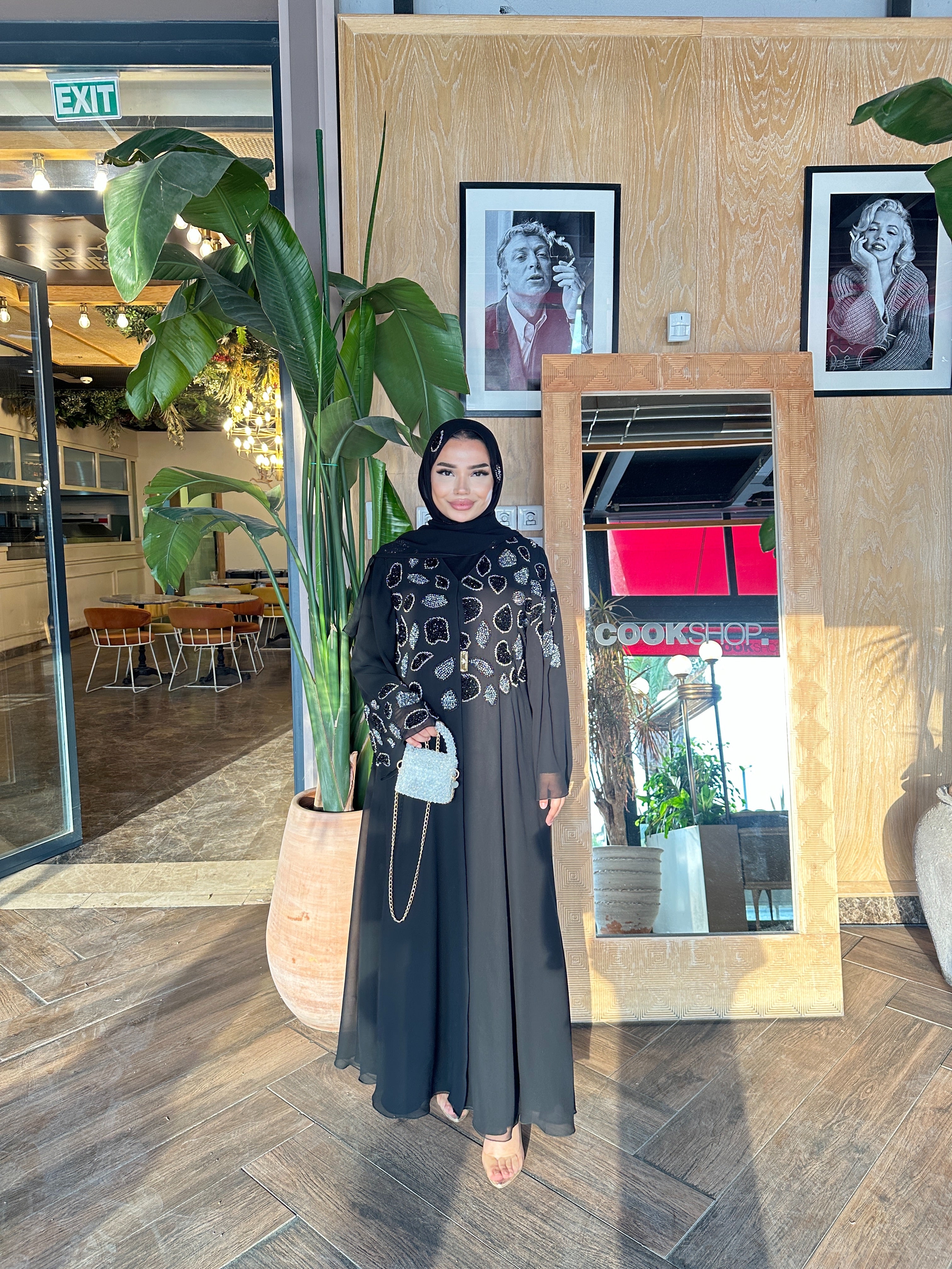 Dubai Style Black Abaya with Hand Embroidered Beads on Shoulders