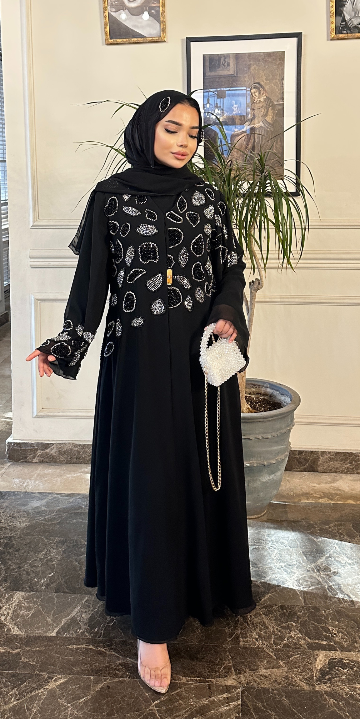 Dubai Style Black Abaya with Hand Embroidered Beads on Shoulders