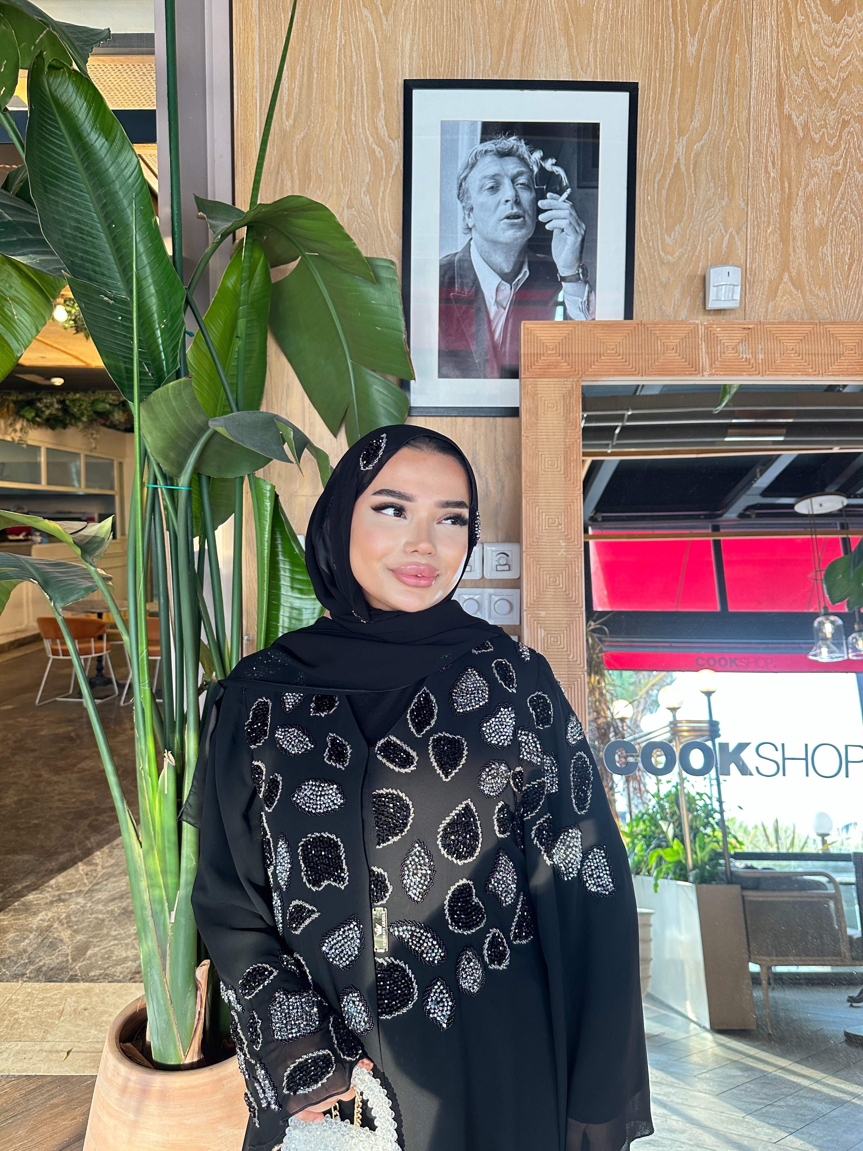 Dubai Style Black Abaya with Hand Embroidered Beads on Shoulders
