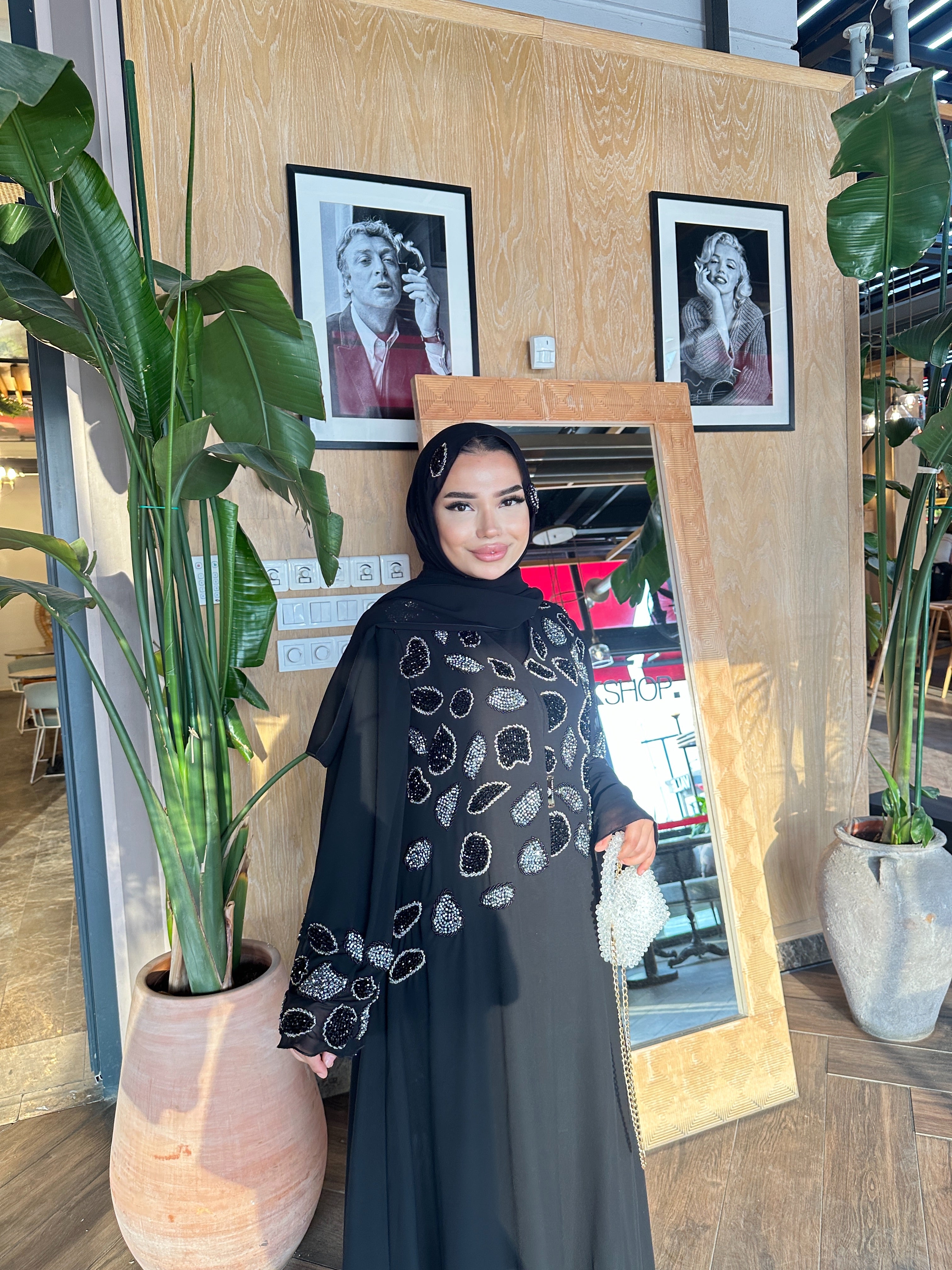 Dubai Style Black Abaya with Hand Embroidered Beads on Shoulders