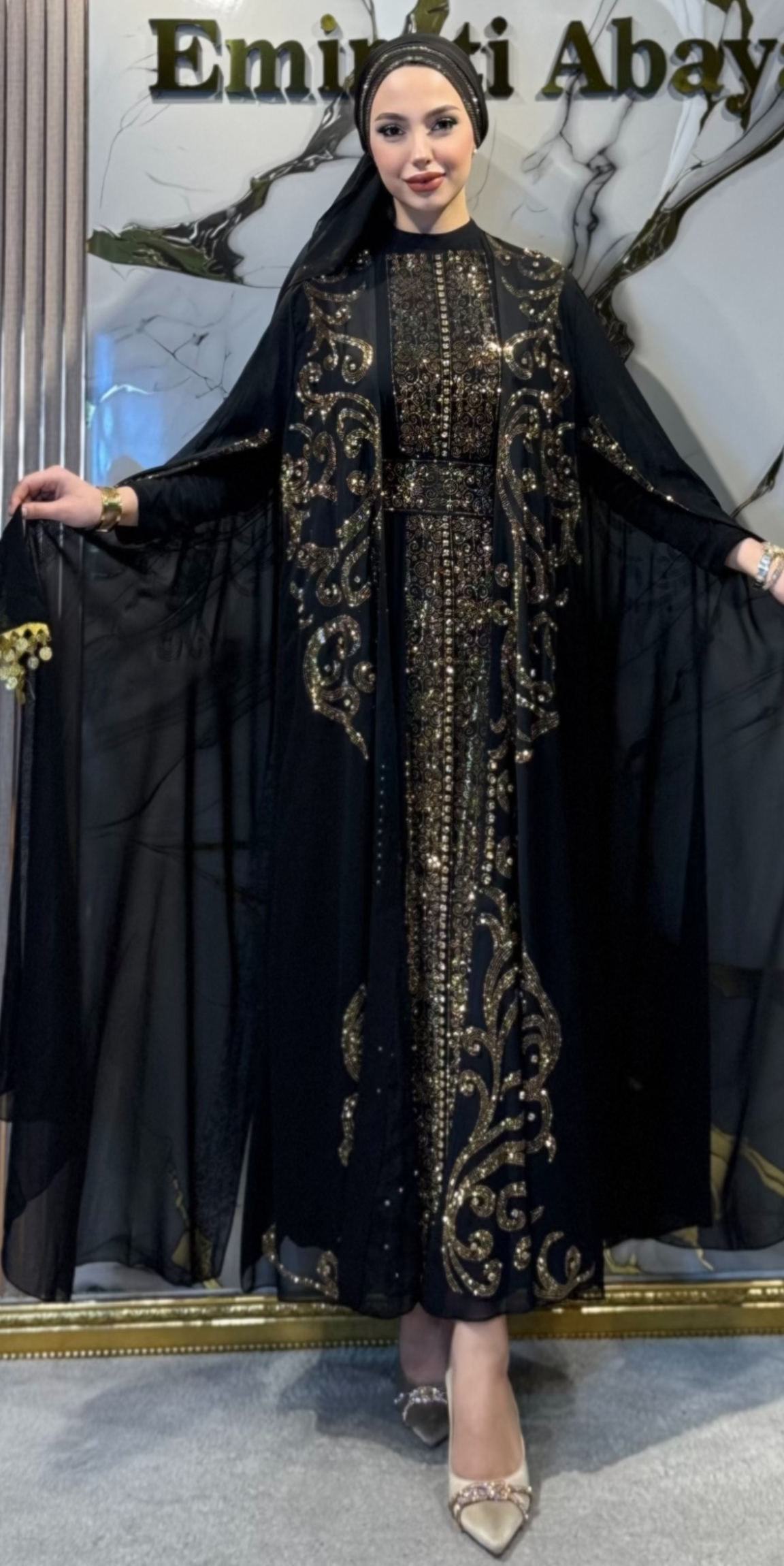 Black and Gold Embellished Long-Sleeved Traditional Chiffon Abaya Set, 4 Pieces