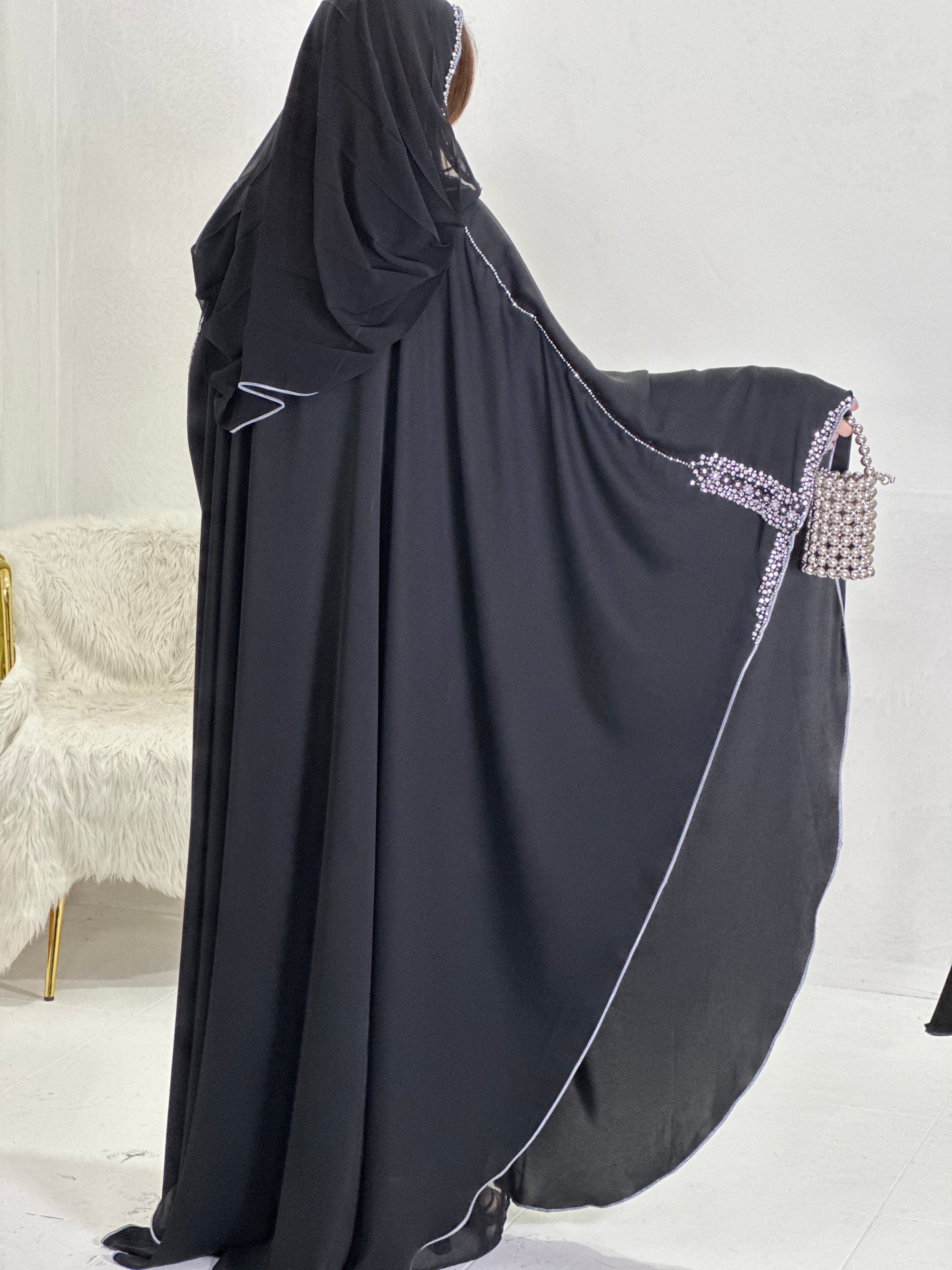 Celestial Elegance: V-Neck Buggy Stone Abaya with Handmade Swarovski Embellishments