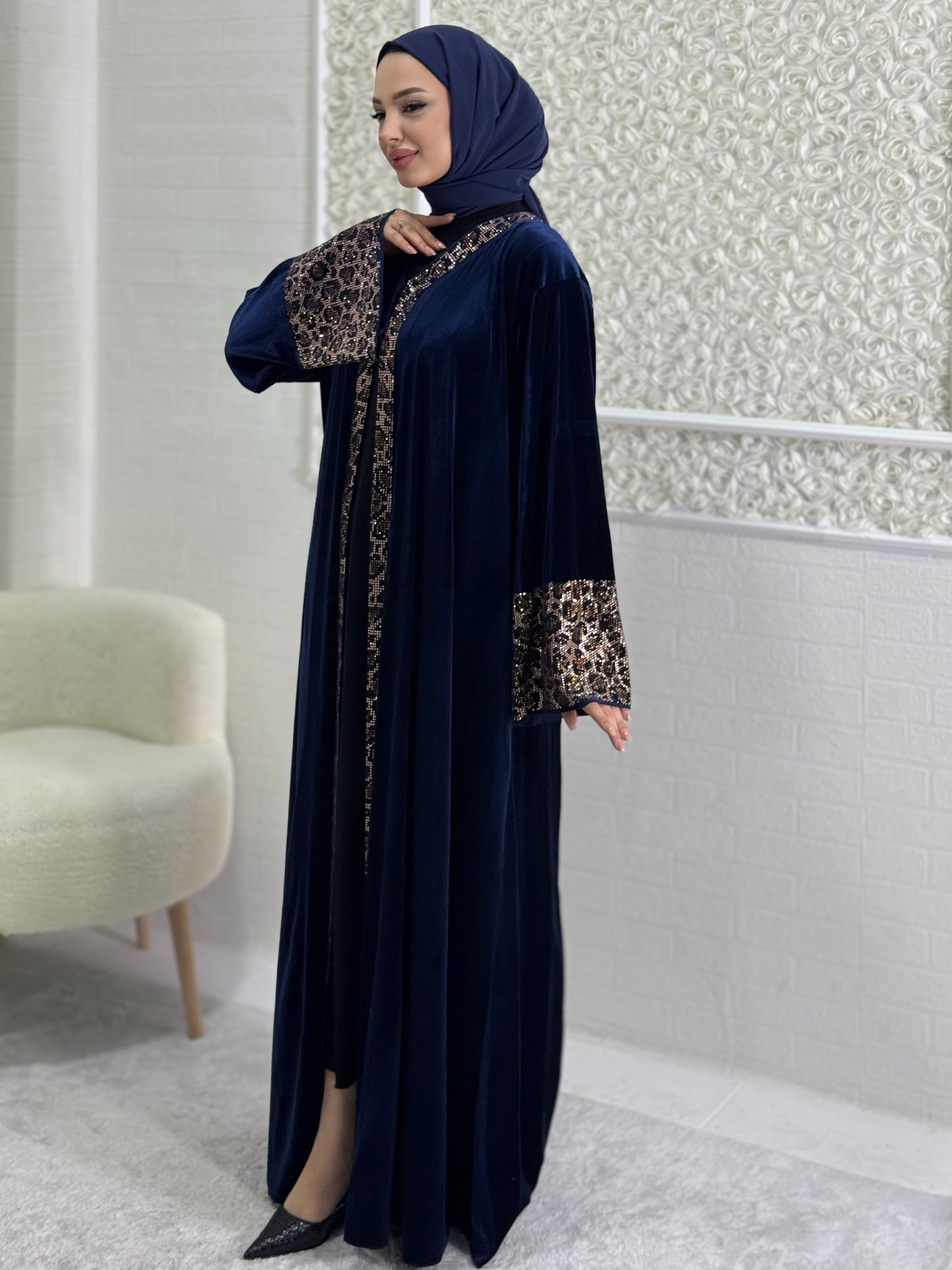 Stone Leopard Patterned Blue Velvet Abaya