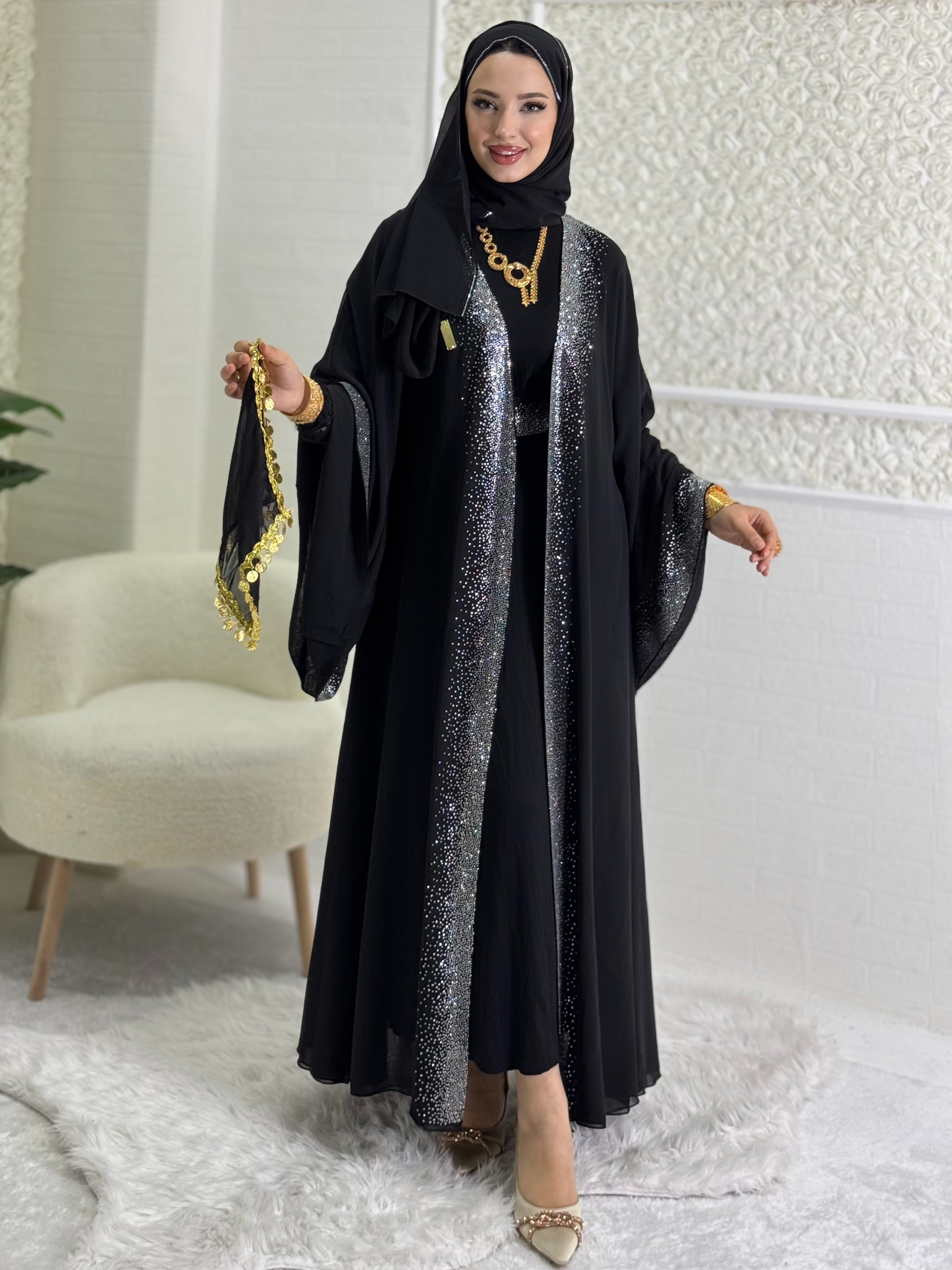 Shiny Stylish Abaya with Stones on the Front