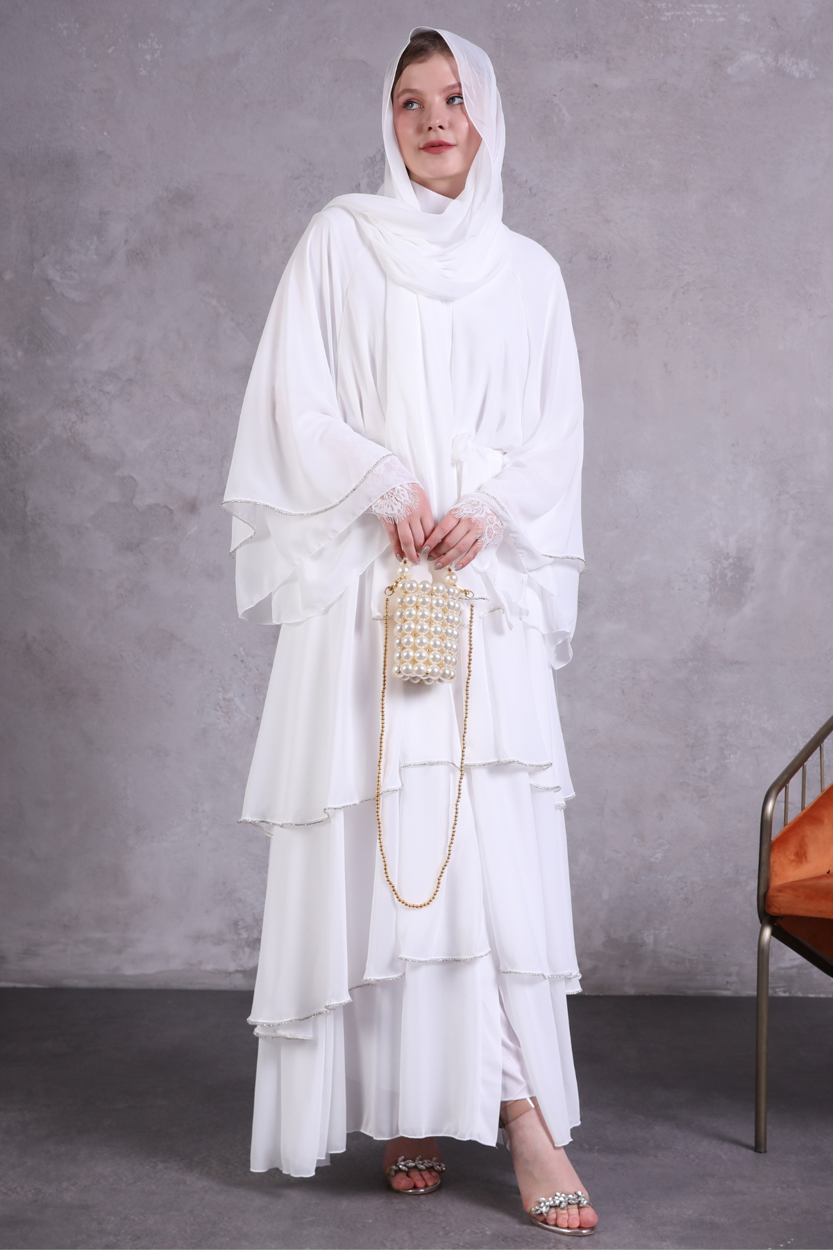 Snowflake Elegance Chiffon Abaya: A Three-Layered White Beauty Adorned with Swarovski