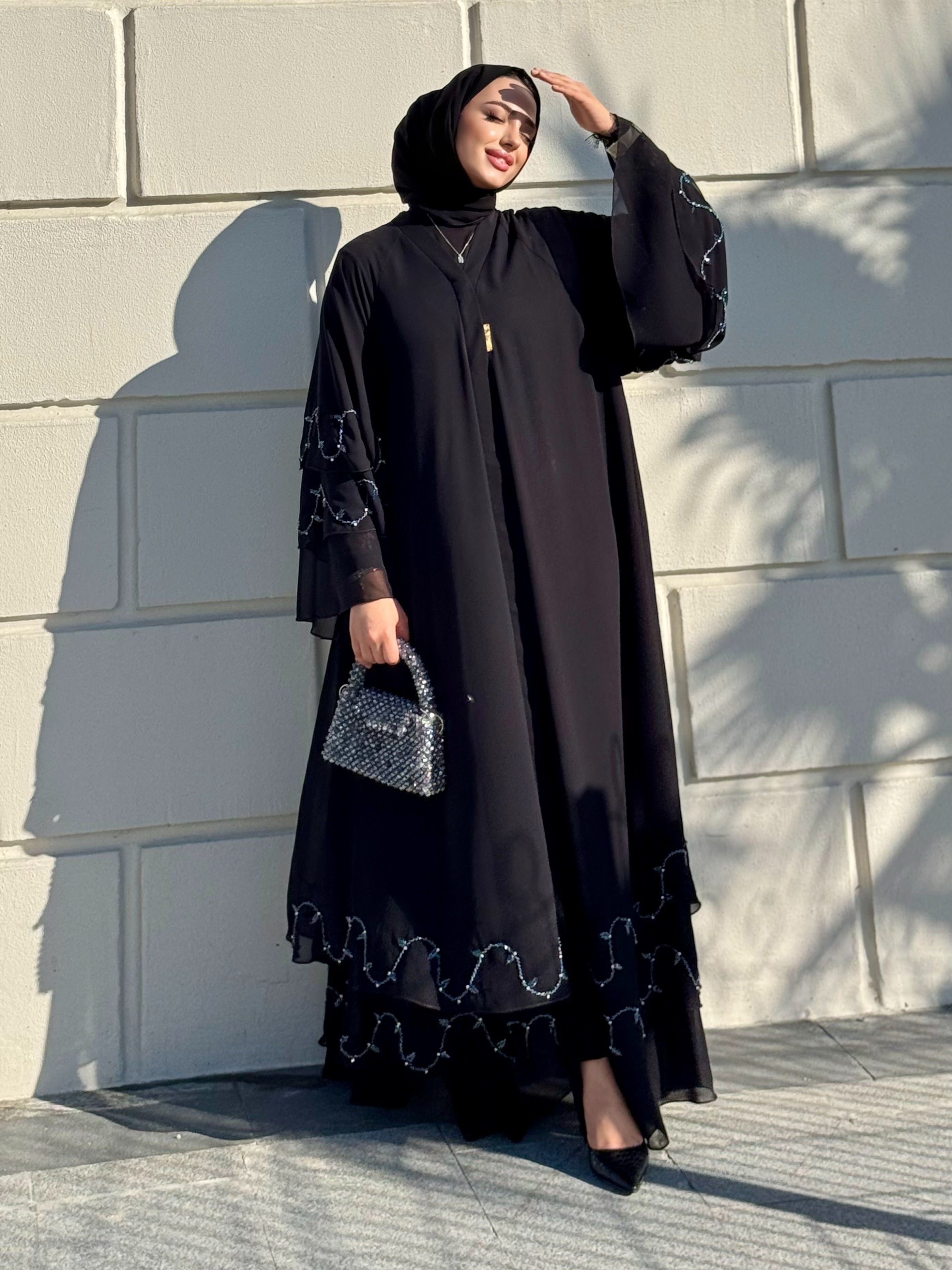 Hand Embroidered Blue Stone Black Chiffon Abaya