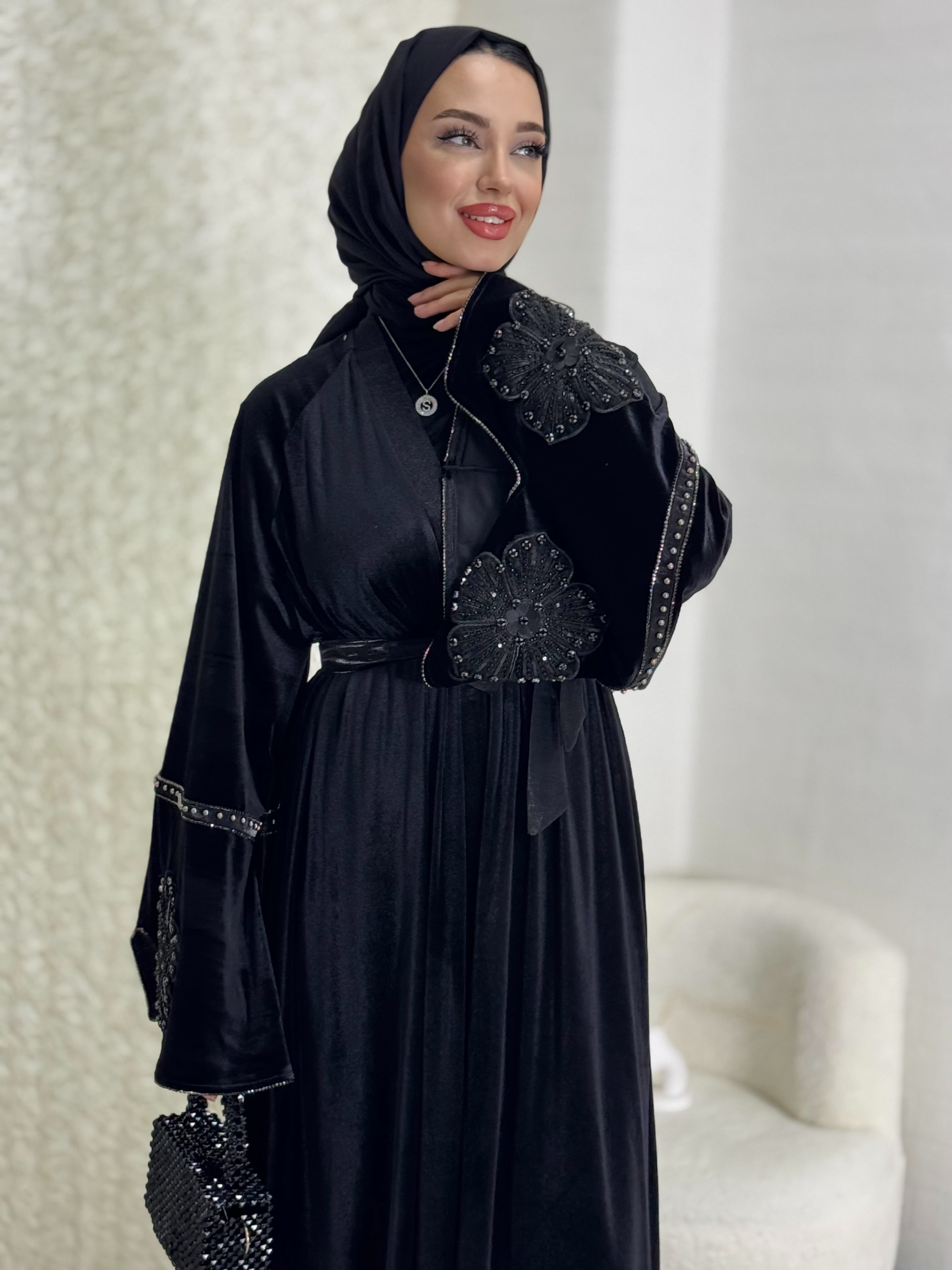 Black Stylish Abaya with Flower Detail on Sleeves