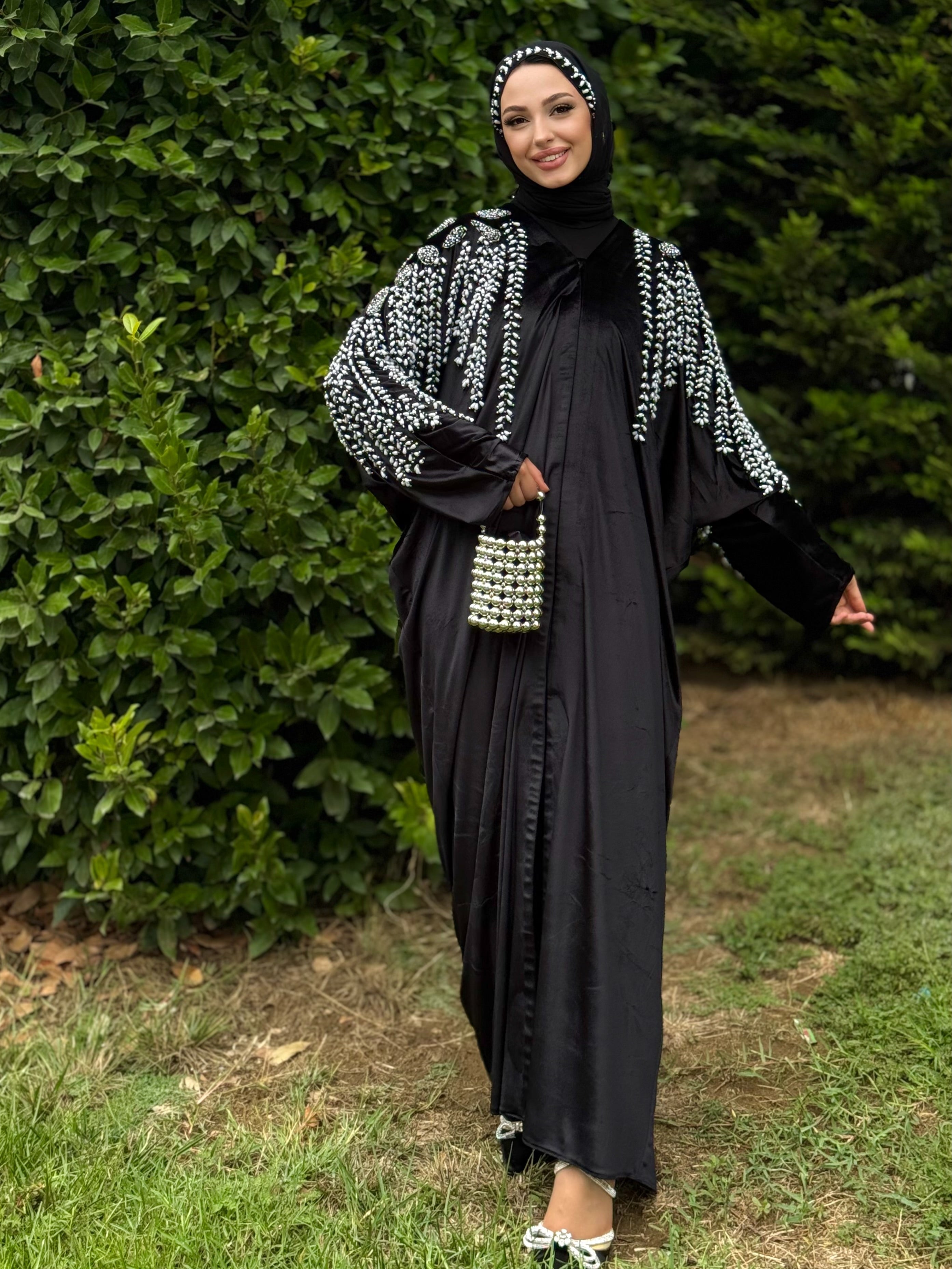 Black Velvet Abaya with Pearls and Swarovski Stone Embroidered Shoulders