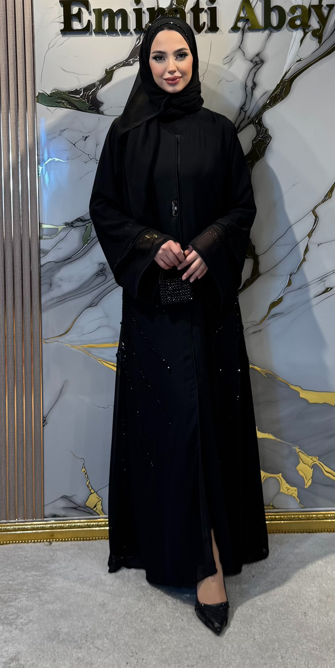 El İşlemesi Siyah Taşlı Siyah Şifon Abaya M91 BSB - Zarif El İşçiliği Model