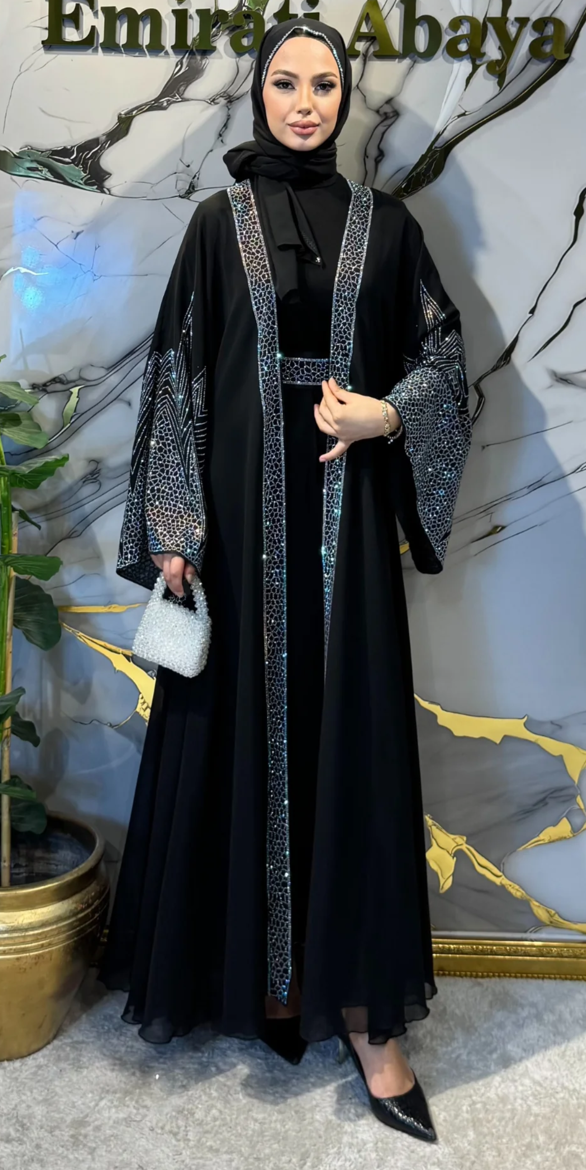 Önü Açık JanJan Taşlı Yöresel Abaya - 4 Parça Set (Şal, Kemer ve İçlik Dahil) Özel Tasarım | TM72 JSB