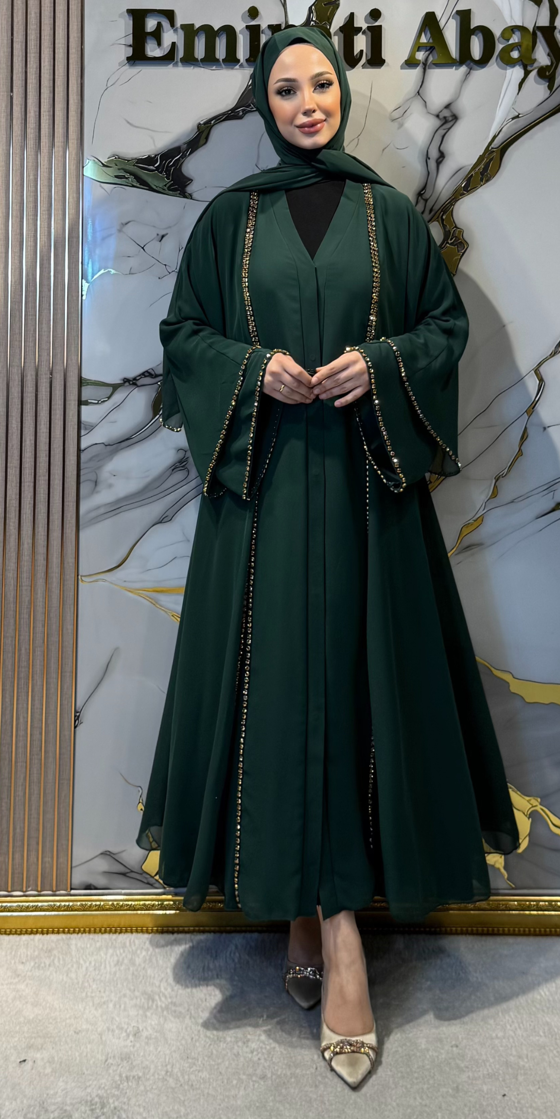 Önü Yırtmaçlı Gold Taşlı Şifon Yeşil Abaya - Zarif Lüks Model TM06 C GS GREEN
