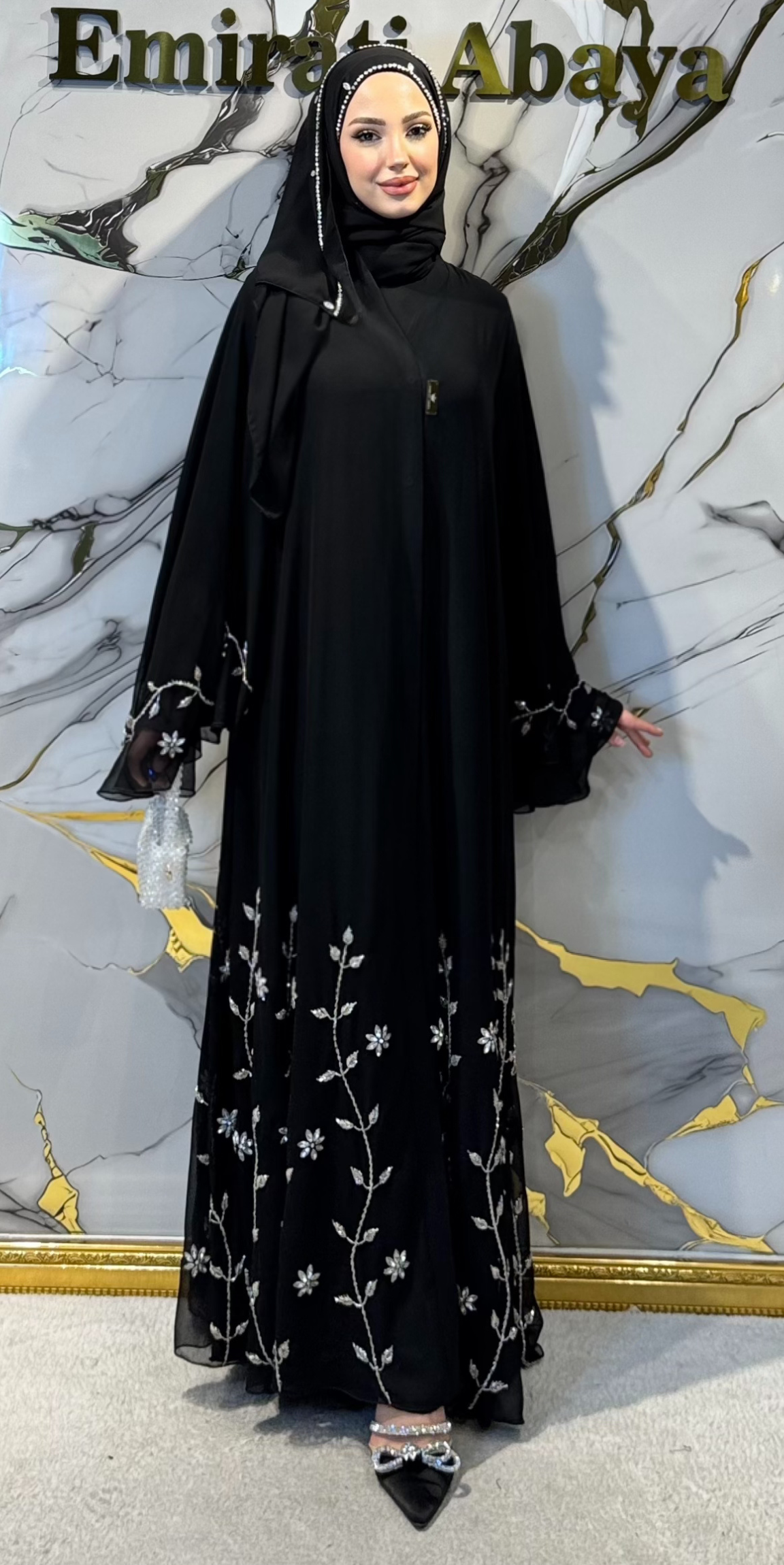 El İşlemeli Taşlı Siyah Şifon Abaya – Şal Hediyeli | EF0035 WSB