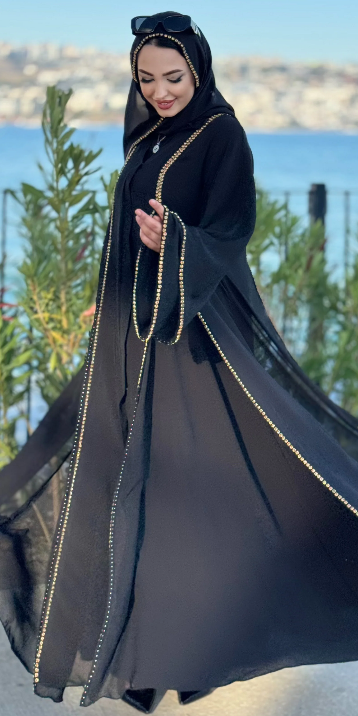 Black Chiffon Abaya with Front Slit and Gold Embellishments - Elegant Luxury Model TM06 C GSB