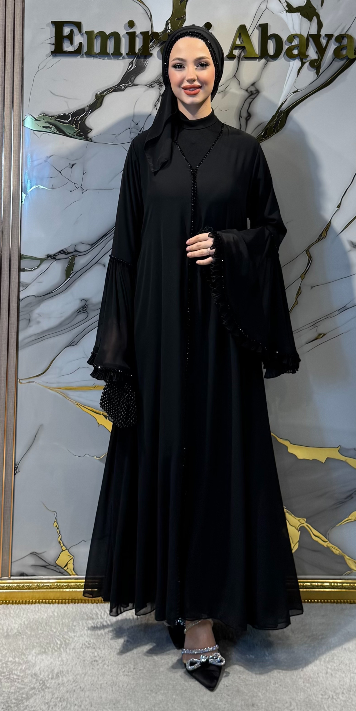 Black Chiffon Set with Stone Embellishing and Bell Sleeve Detail | WS96 BSB