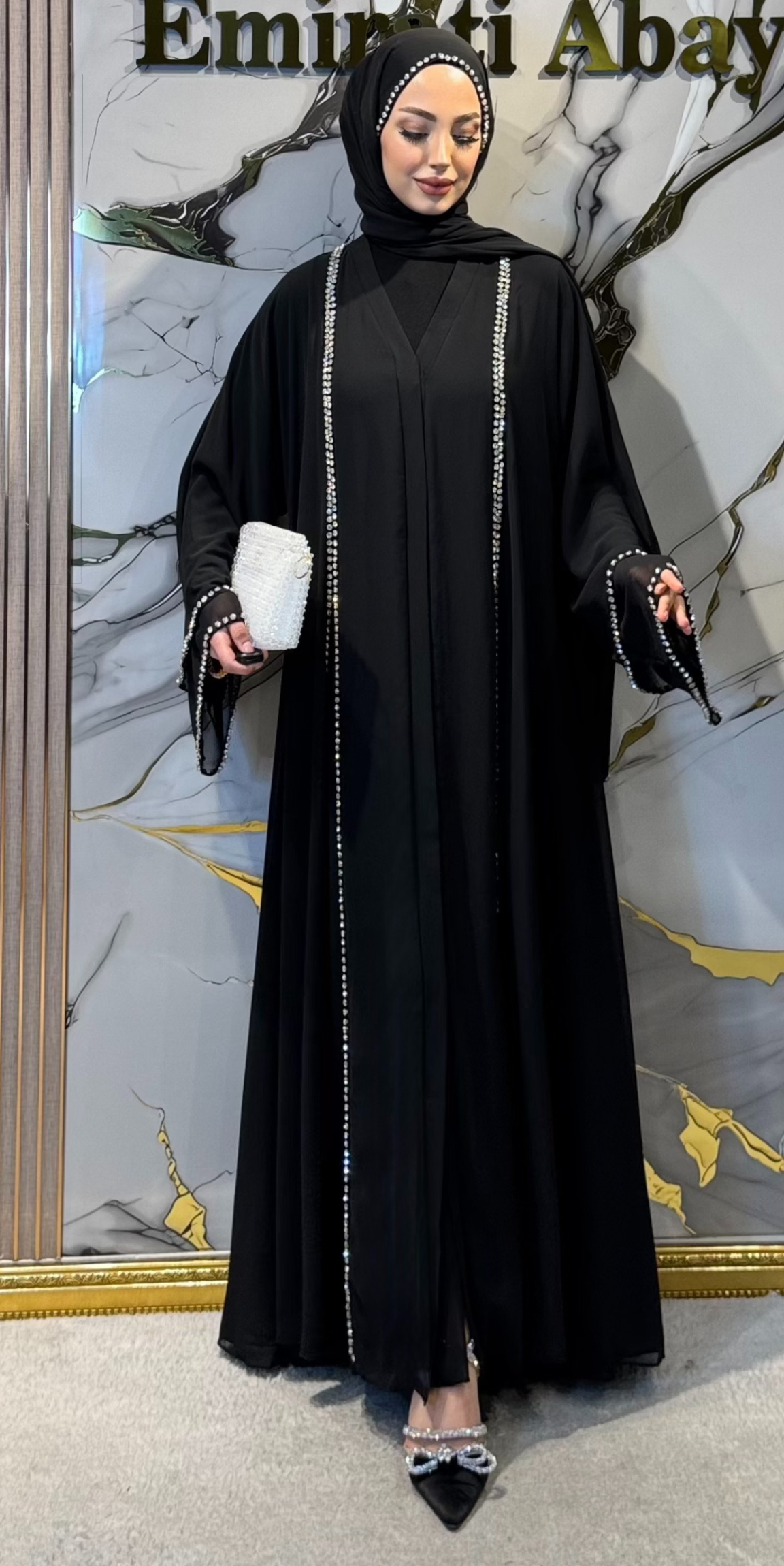 Front Slit Chiffon Abaya with Crystal Embellishments - Elegant Luxury Model TM06 C WSB