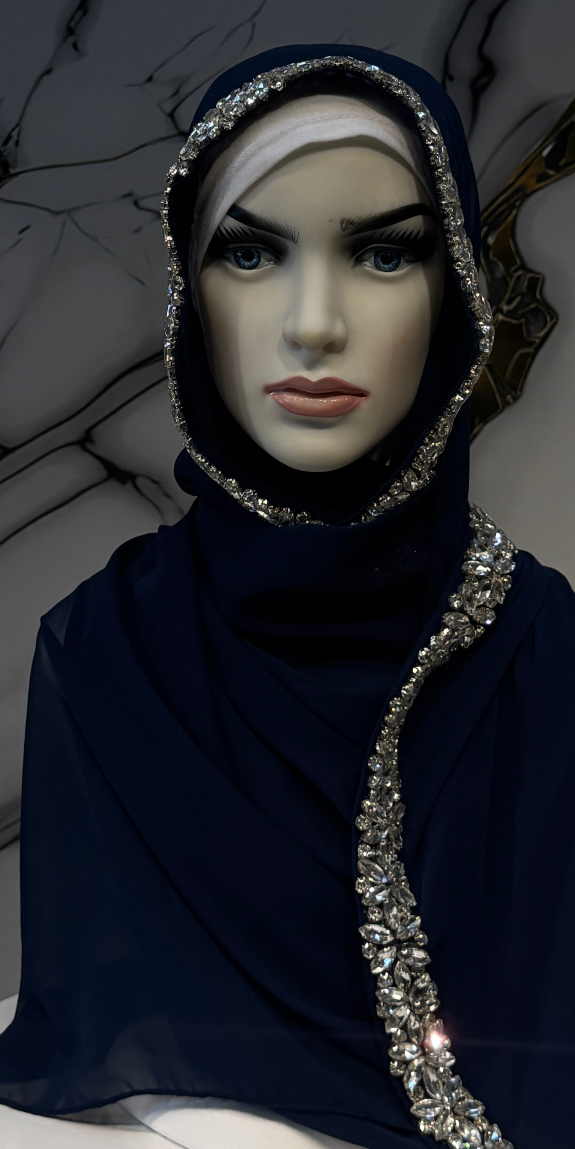 Beyaz Taşlı Lacivert Şifon Şal Emirati Abaya | ŞAL62 WSL
