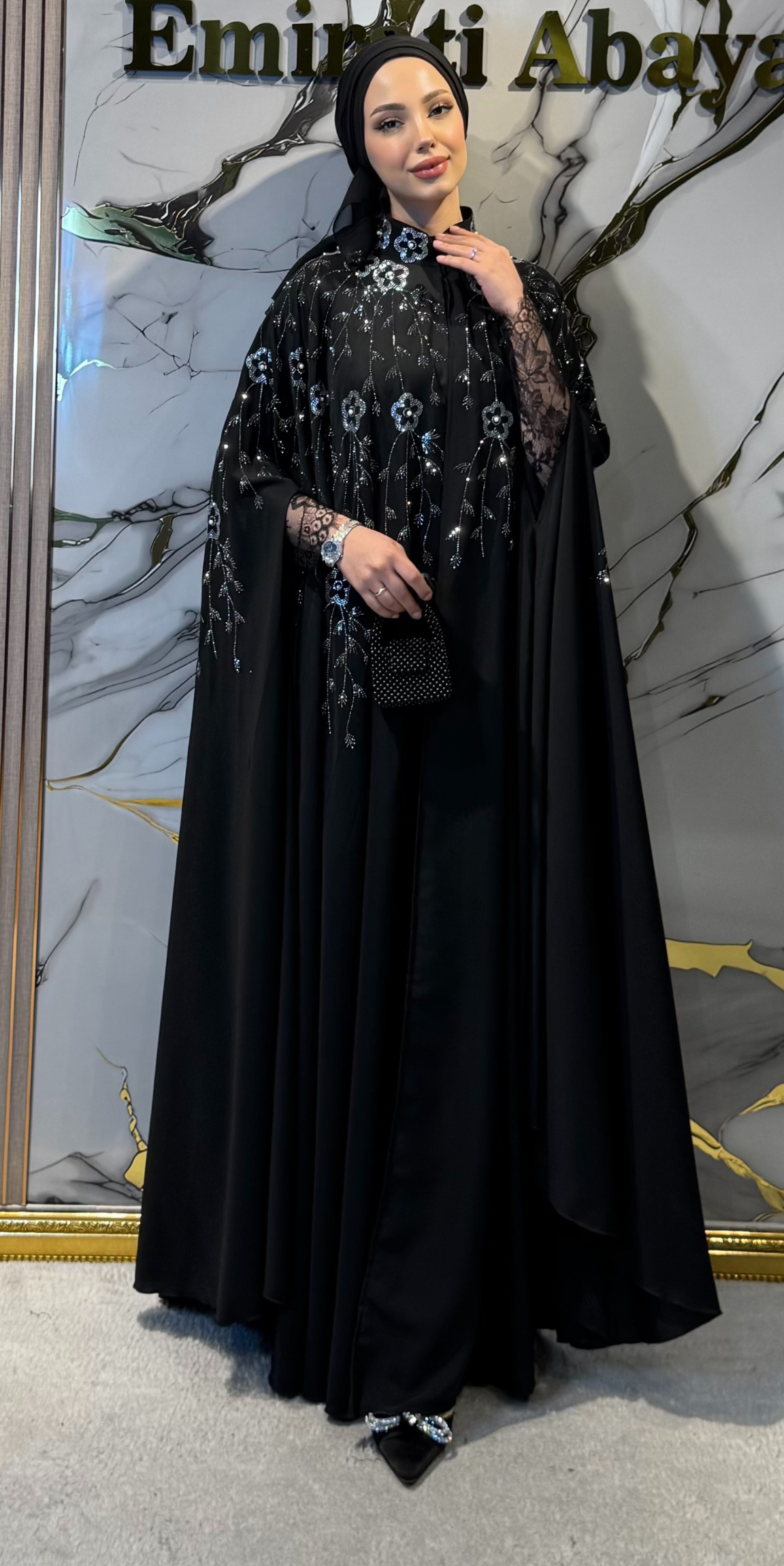 Black Korean Chiffon Abaya LY44 WSB with Hematite and Swarovski Crystals - 3-Piece Luxury Set (Includes Shawl and Undershirt)